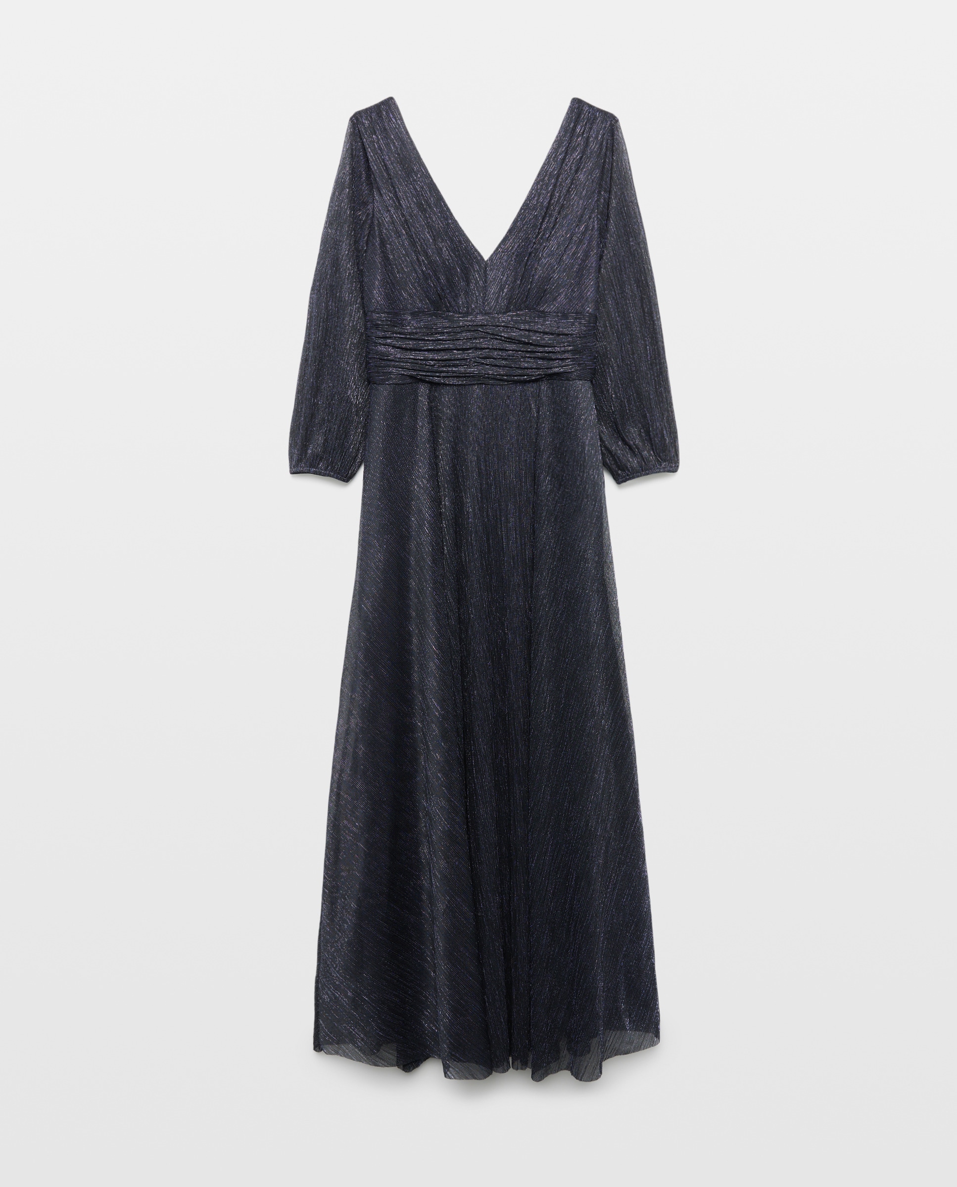 Vestido Comprido com Fio Metalizado e Decote em Bico Azul-marinho-5