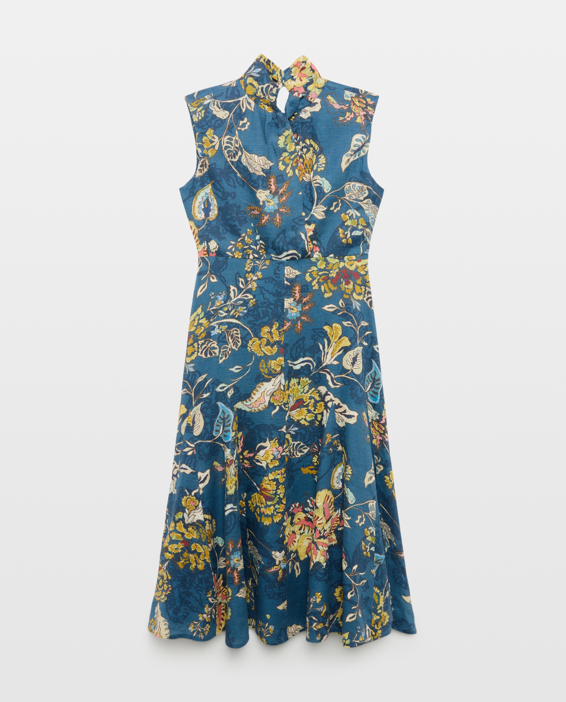 Vestido de Linho sem Mangas com Nó no Decote e Estampado Azul-4