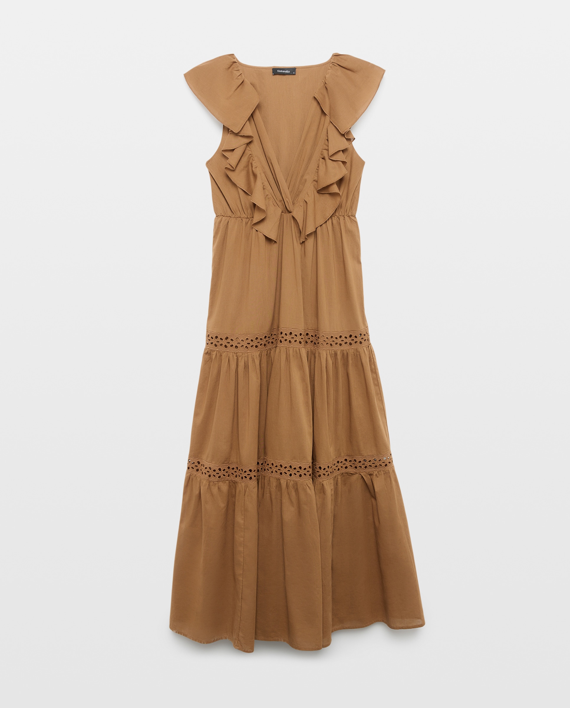 Vestido comprido com folhos 370 Ocre-5