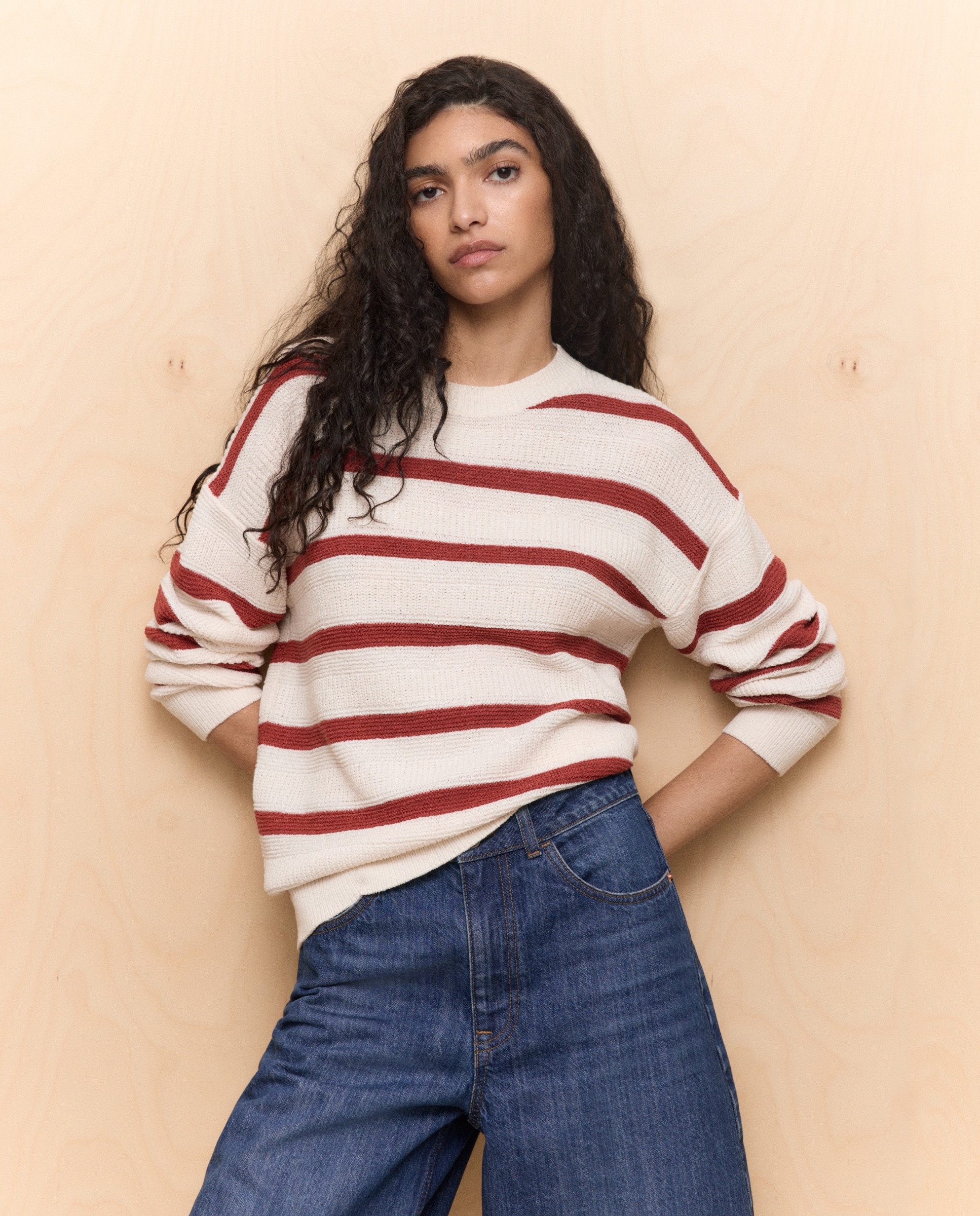 Camisola de Malha de Manga Comprida com Decote à Barco e Microfita às Riscas Vermelho-2