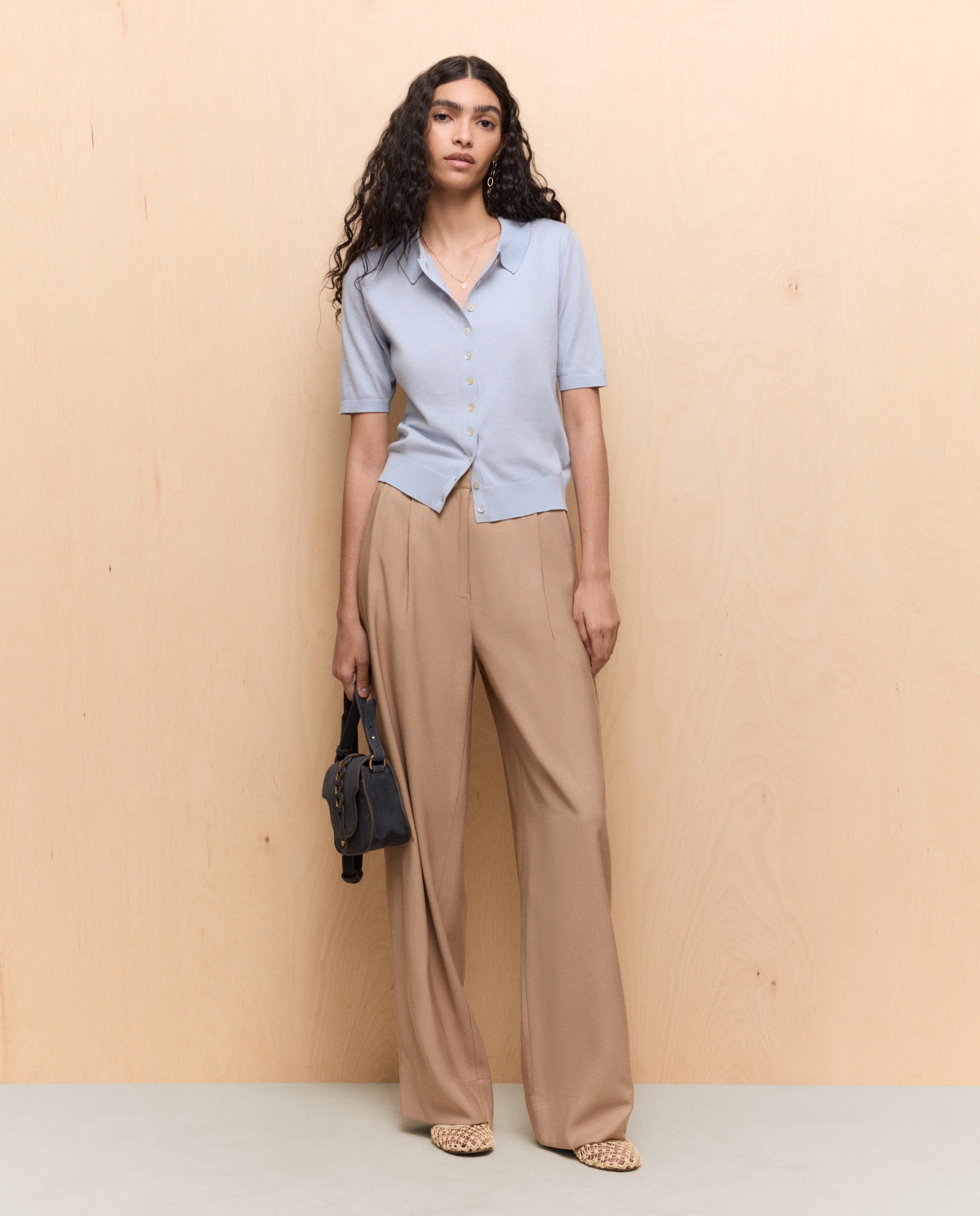 Calças Wide Leg com Pinças 730 Camel-1