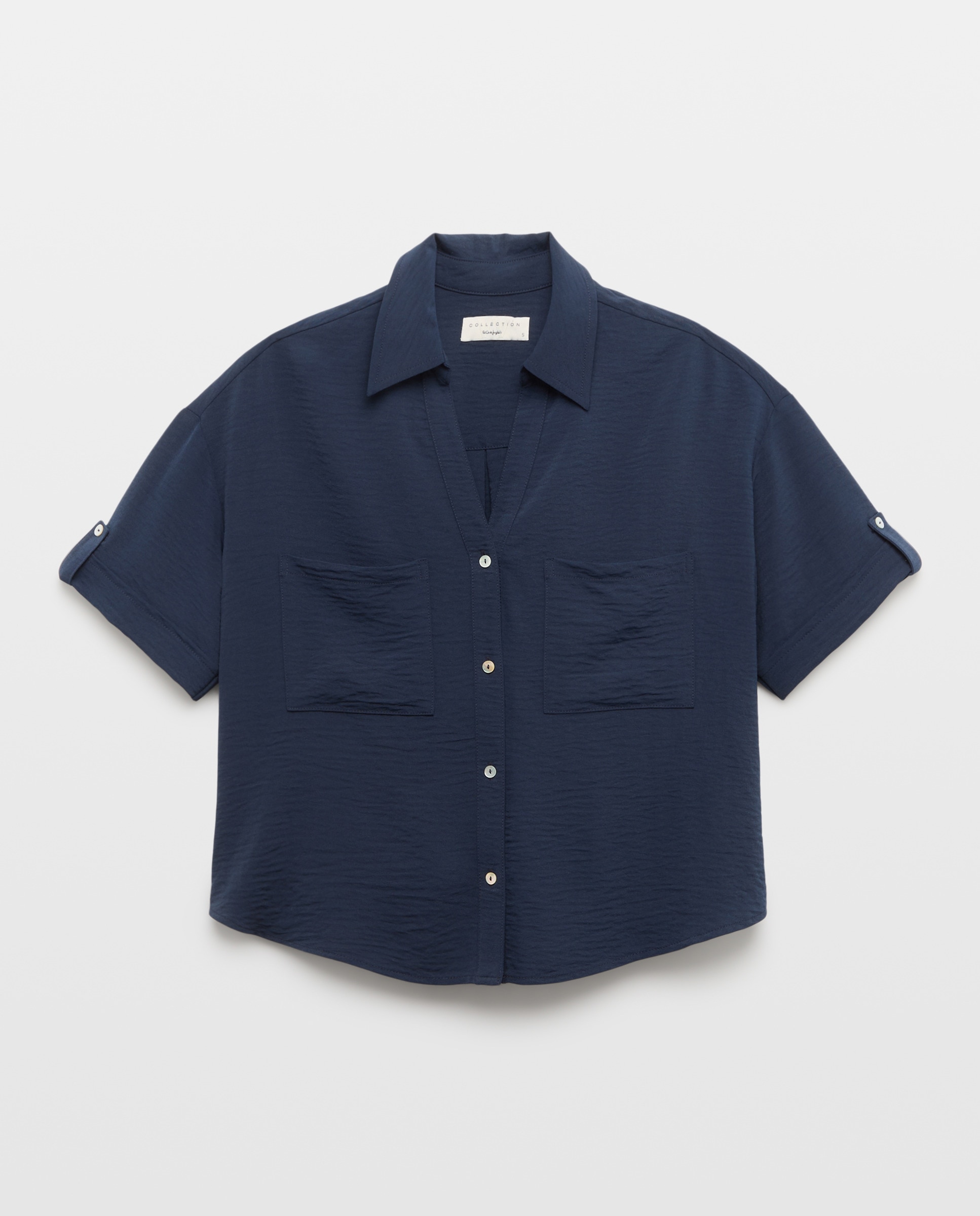 Blusa de Manga Curta e Colarinho de Camisa Azul-marinho-5