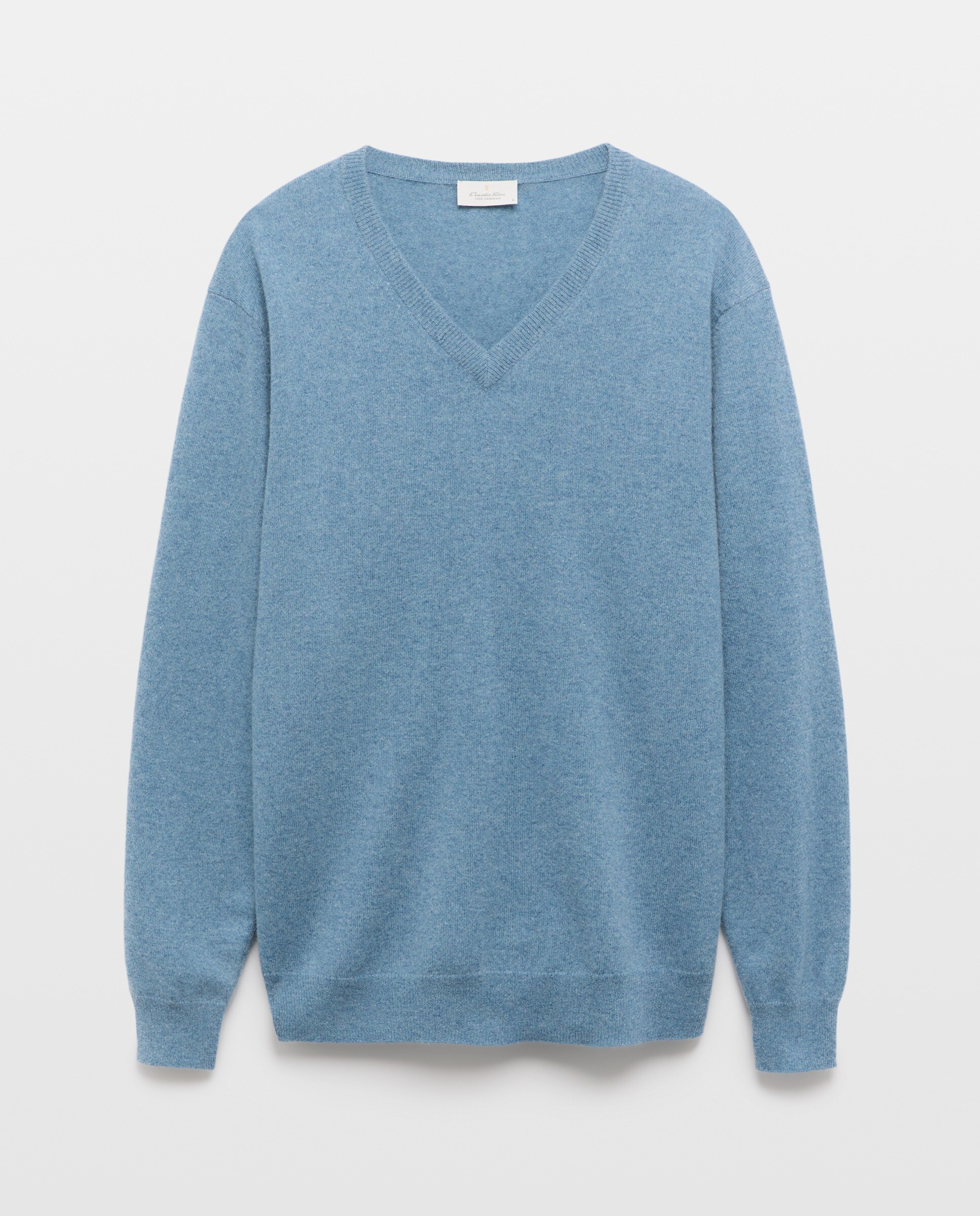 Camisola de Malha com Decote em Bico Liso de Caxemira Azul-5