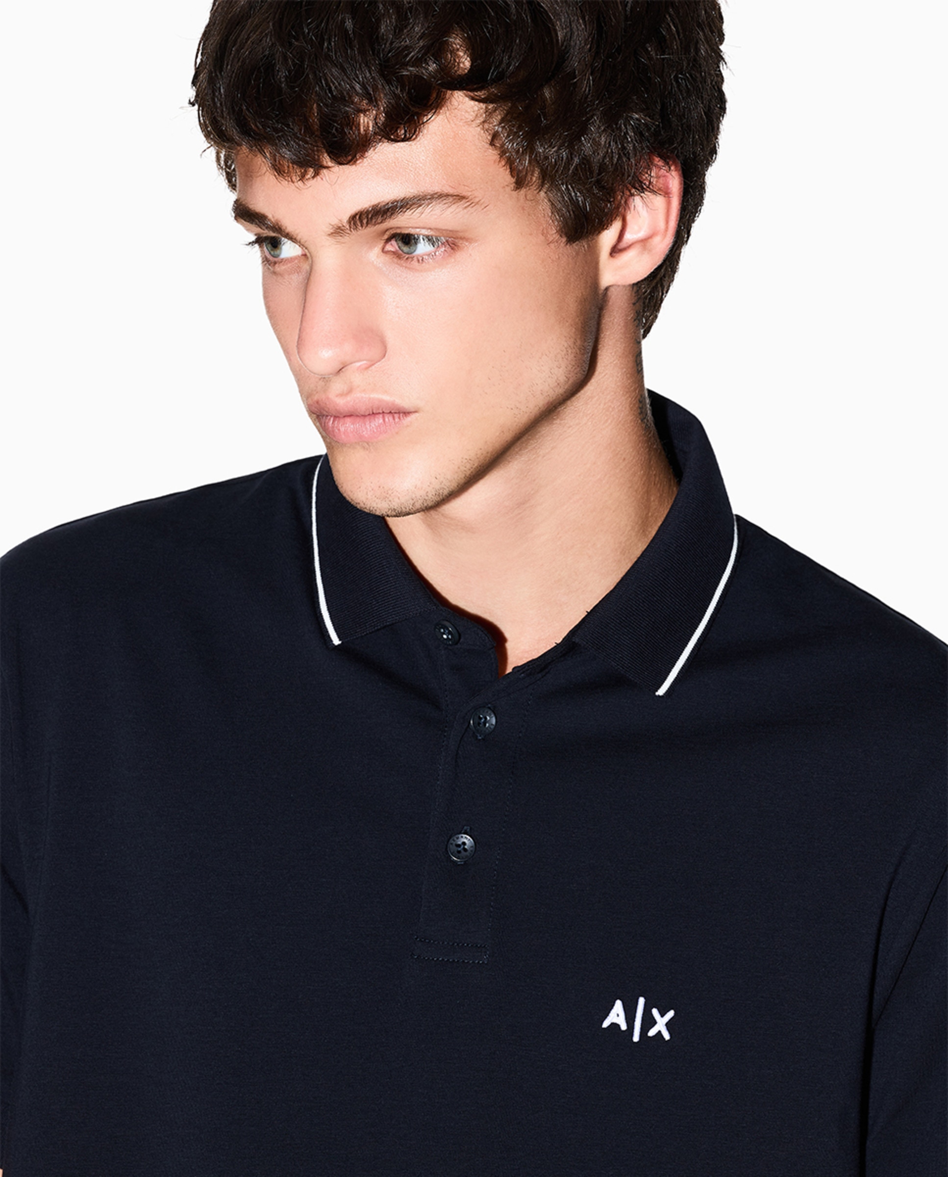 Polo Slim Fit em Algodão Elástico com Manga Curta Azul-marinho-3