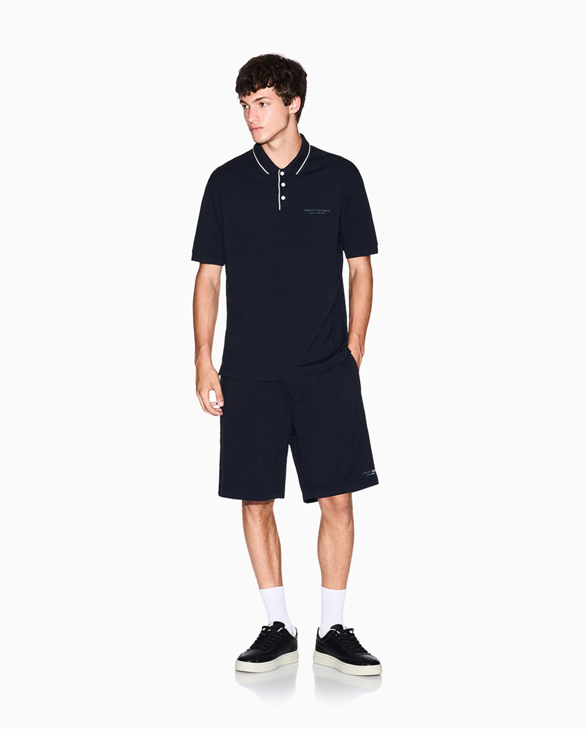 Polo de Algodão Elástico com Manga Curta e Logótipo a Condizer Azul-marinho-6