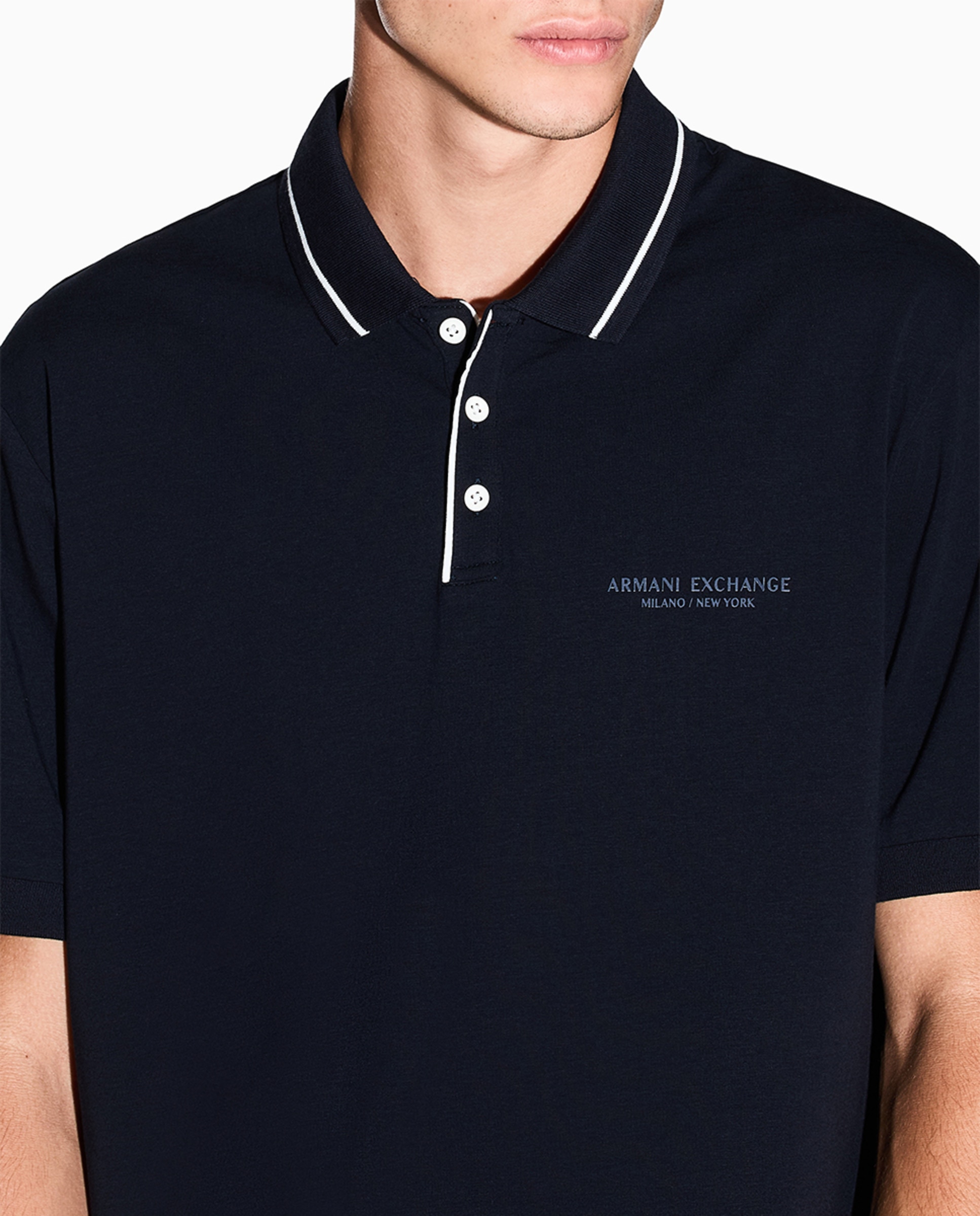 Polo de Algodão Elástico com Manga Curta e Logótipo a Condizer Azul-marinho-3
