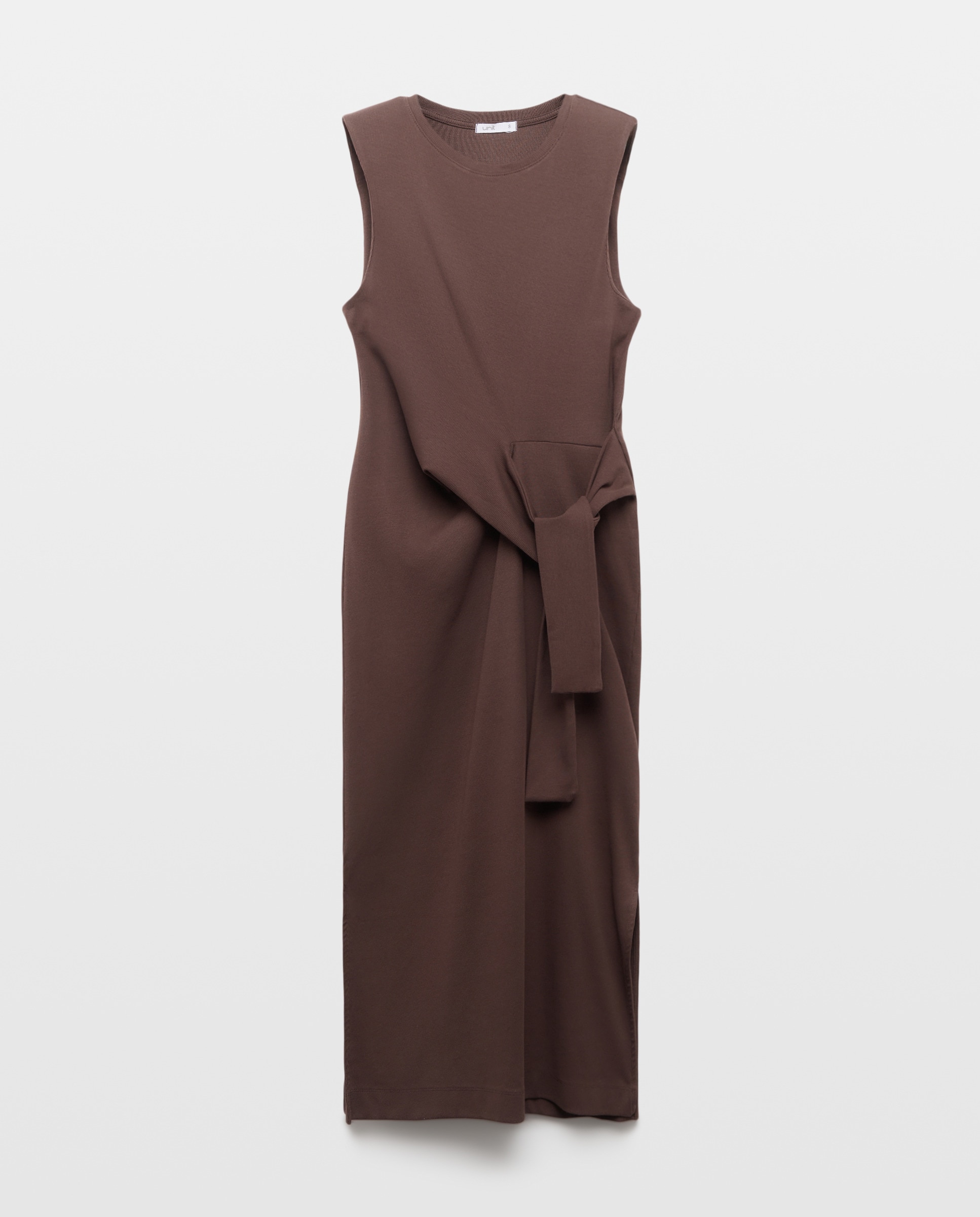 Vestido de mujer canalé manga corta y cinturón Chocolate-4