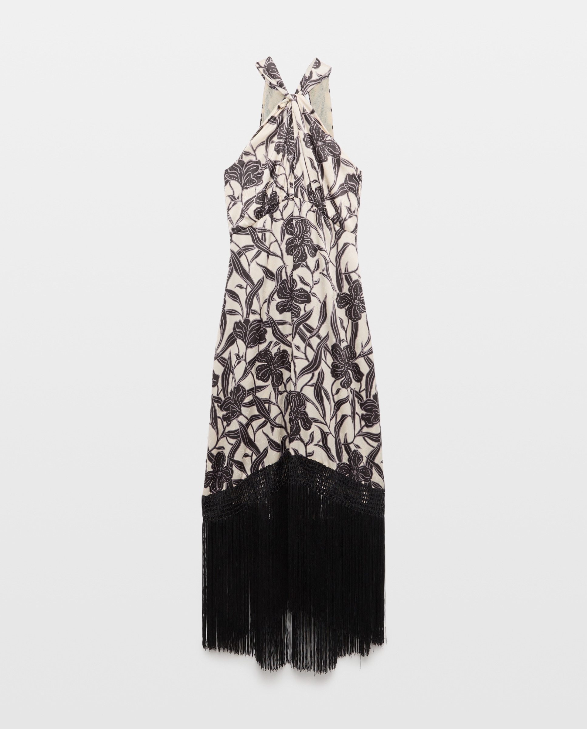 Vestido com Franjas e Decote Halter Preto-5