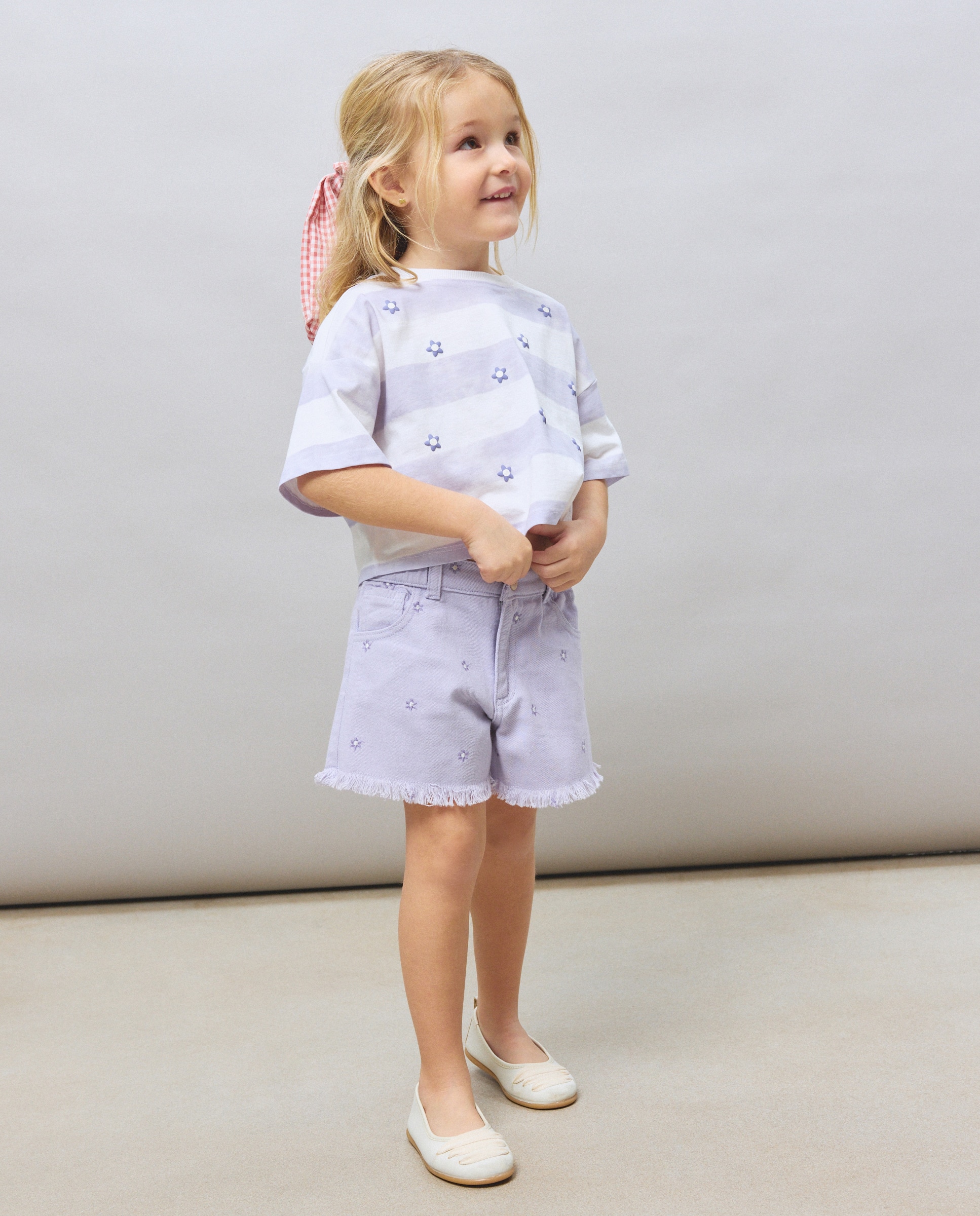 T-shirt de Manga Curta às Riscas com Estampado Floral Kids El Corte Inglés Rosa-2