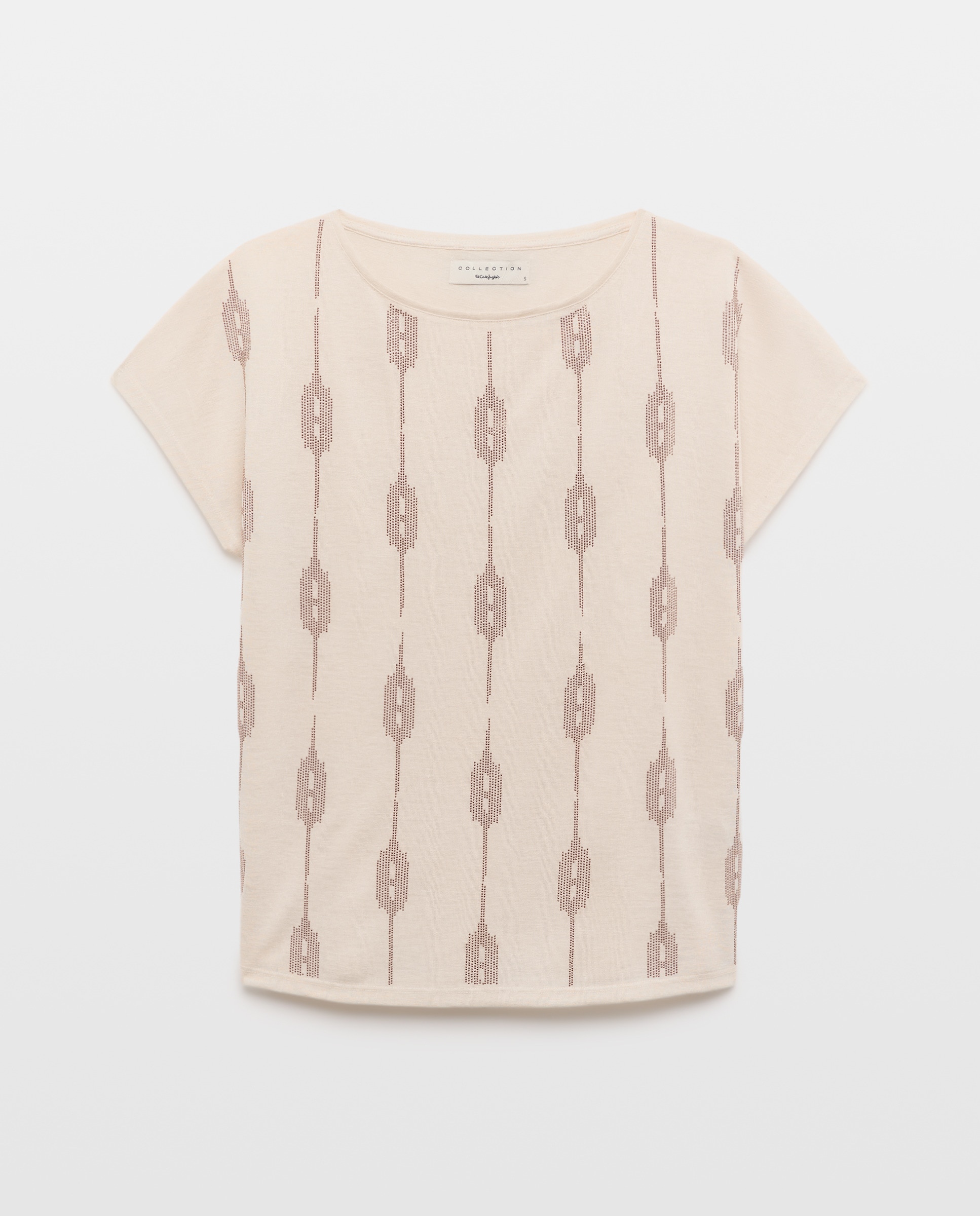 T-shirt de Manga Curta e Decote Redondo com Tachas Bege-4