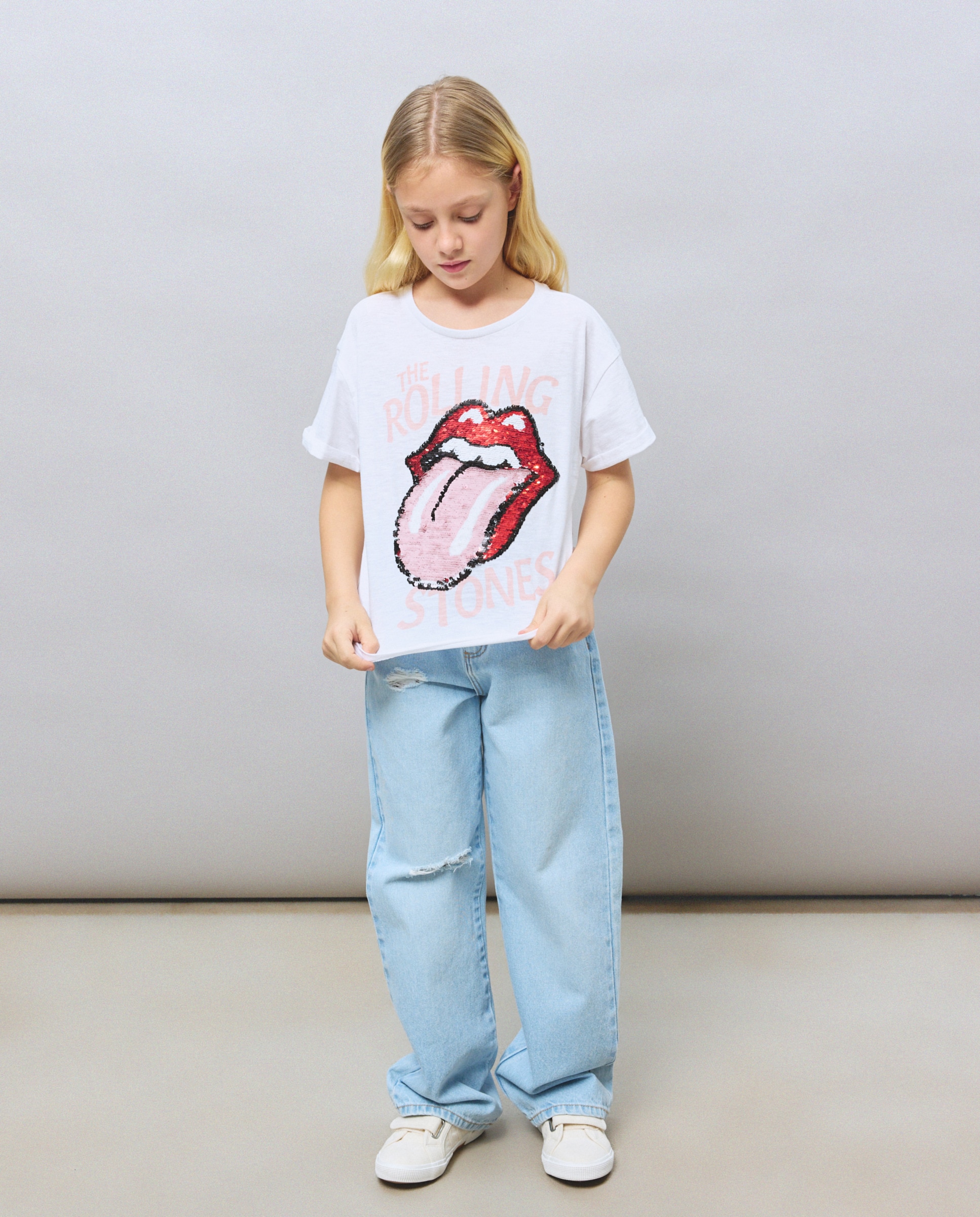 T-shirt com Estampado Rolling Stones de Lantejoulas à Frente Branco-4