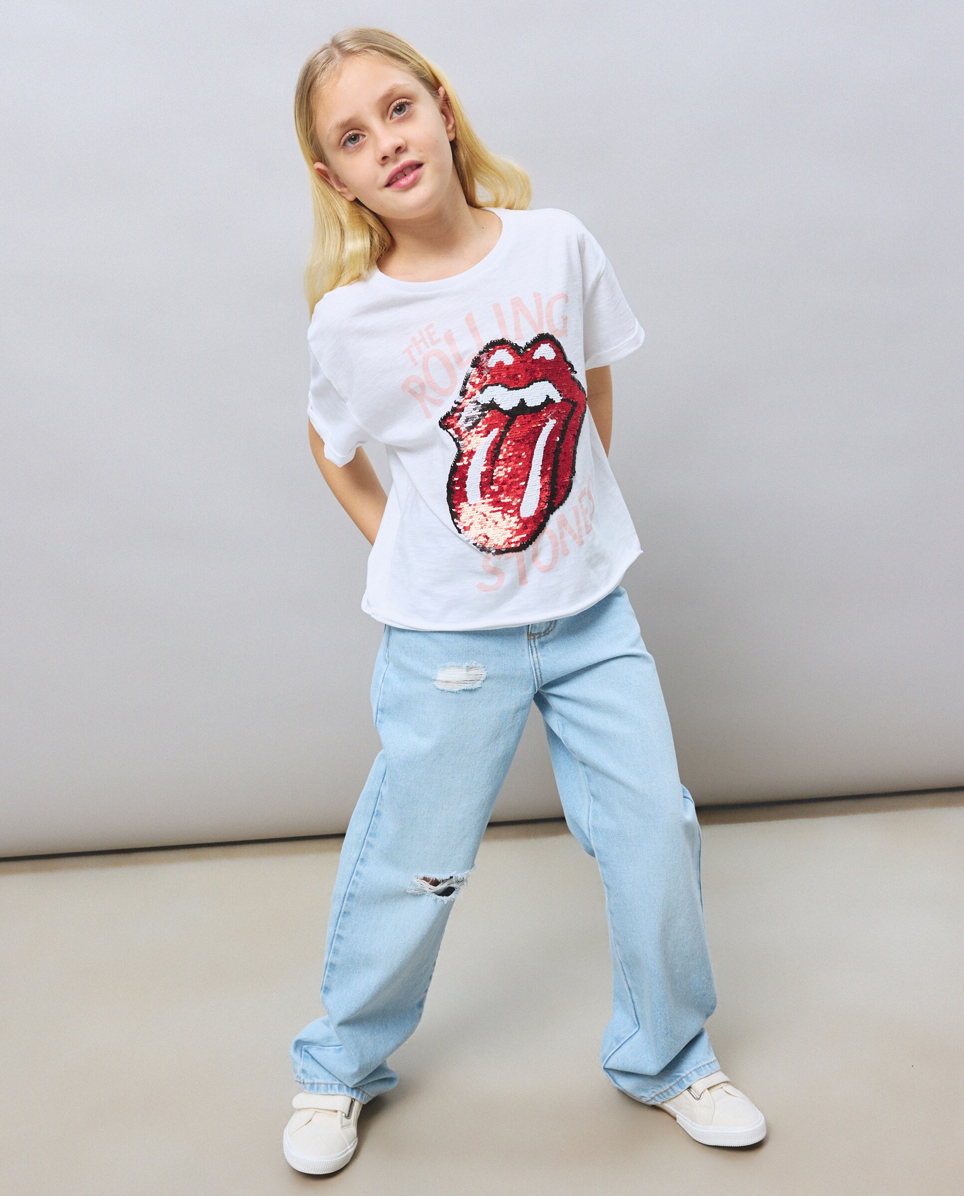 T-shirt com Estampado Rolling Stones de Lantejoulas à Frente Branco-1