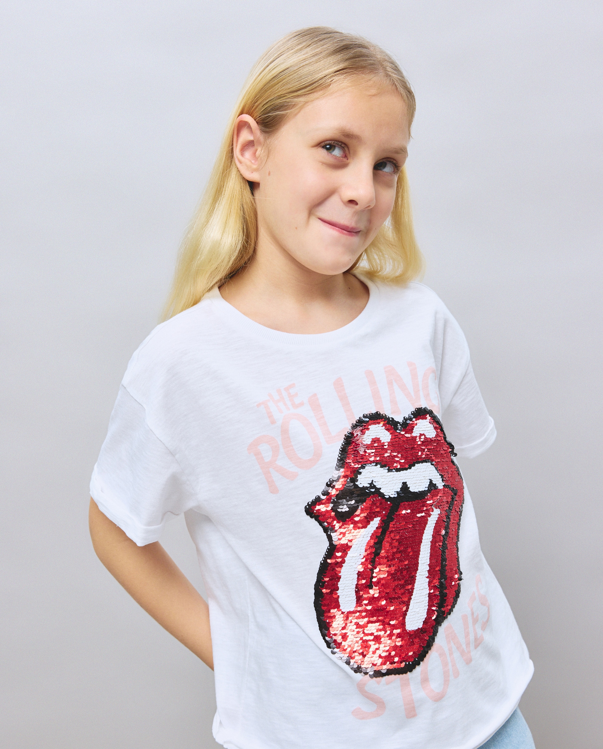 T-shirt com Estampado Rolling Stones de Lantejoulas à Frente Branco-2