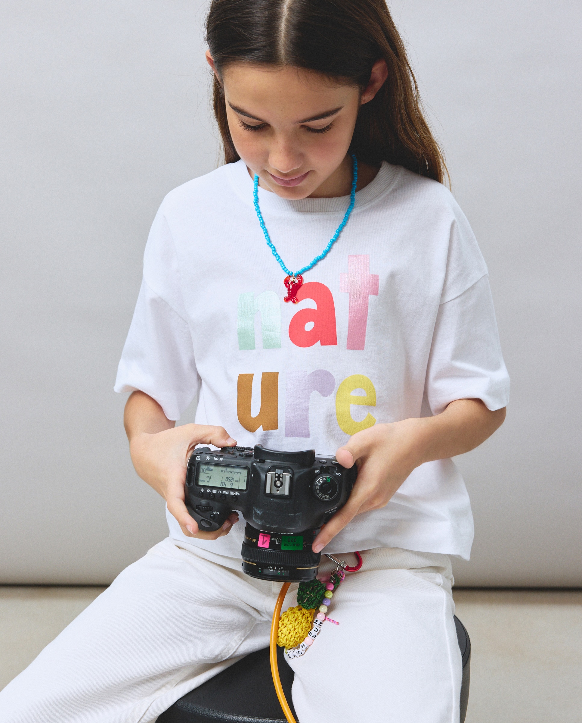 T-shirt de Manga Caída e Estampado Posicional Branco-2