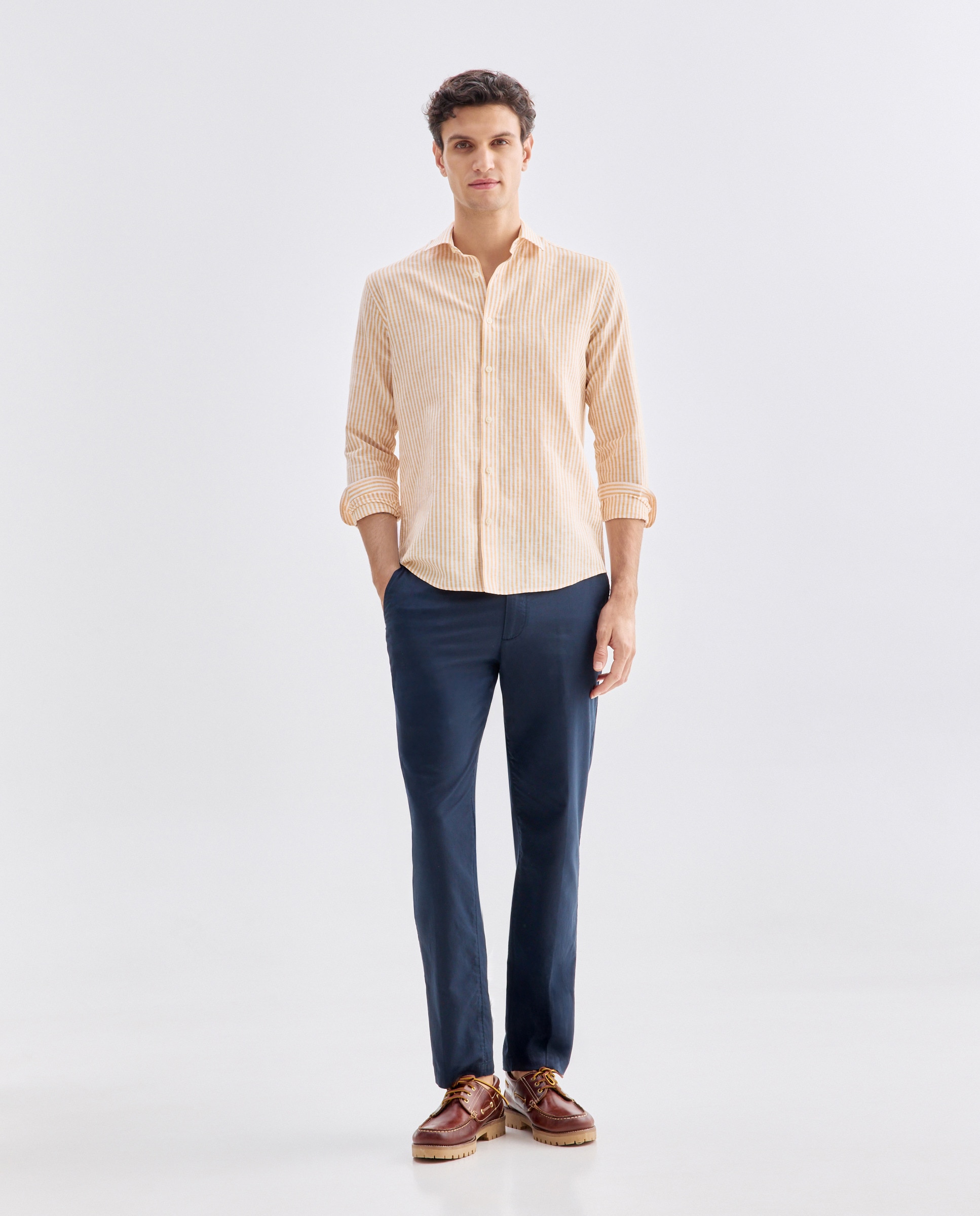 Camisa sport hombre lino y algodón rayas 660 Naranja-2
