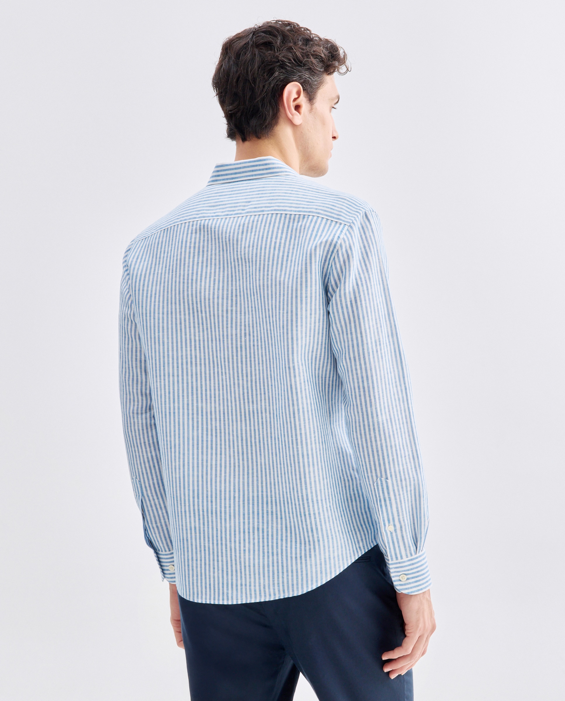 Camisa sport hombre lino y algodón rayas 430 Azul oscuro-4