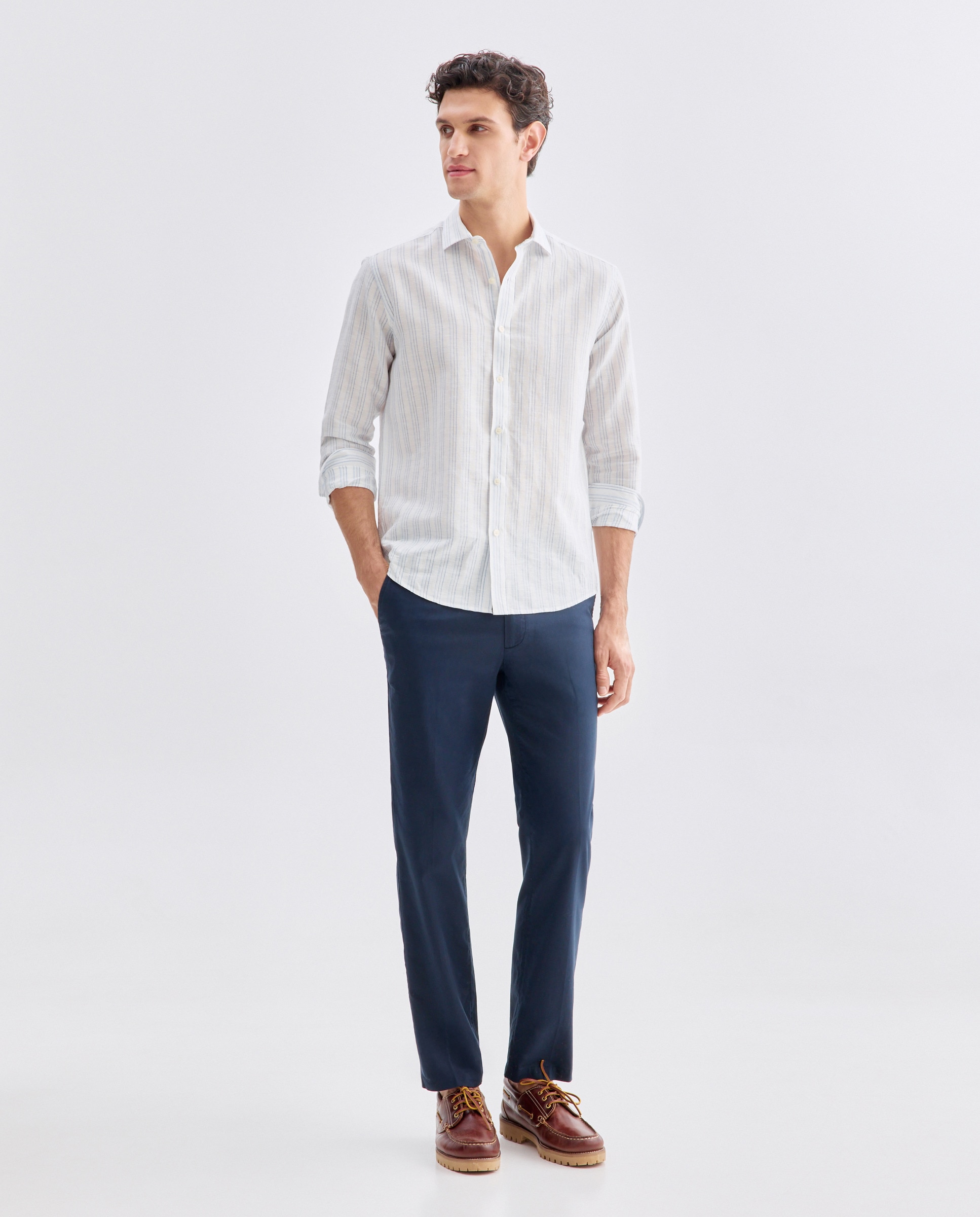 Camisa sport hombre lino y algodón rayas 430 Azul oscuro-2