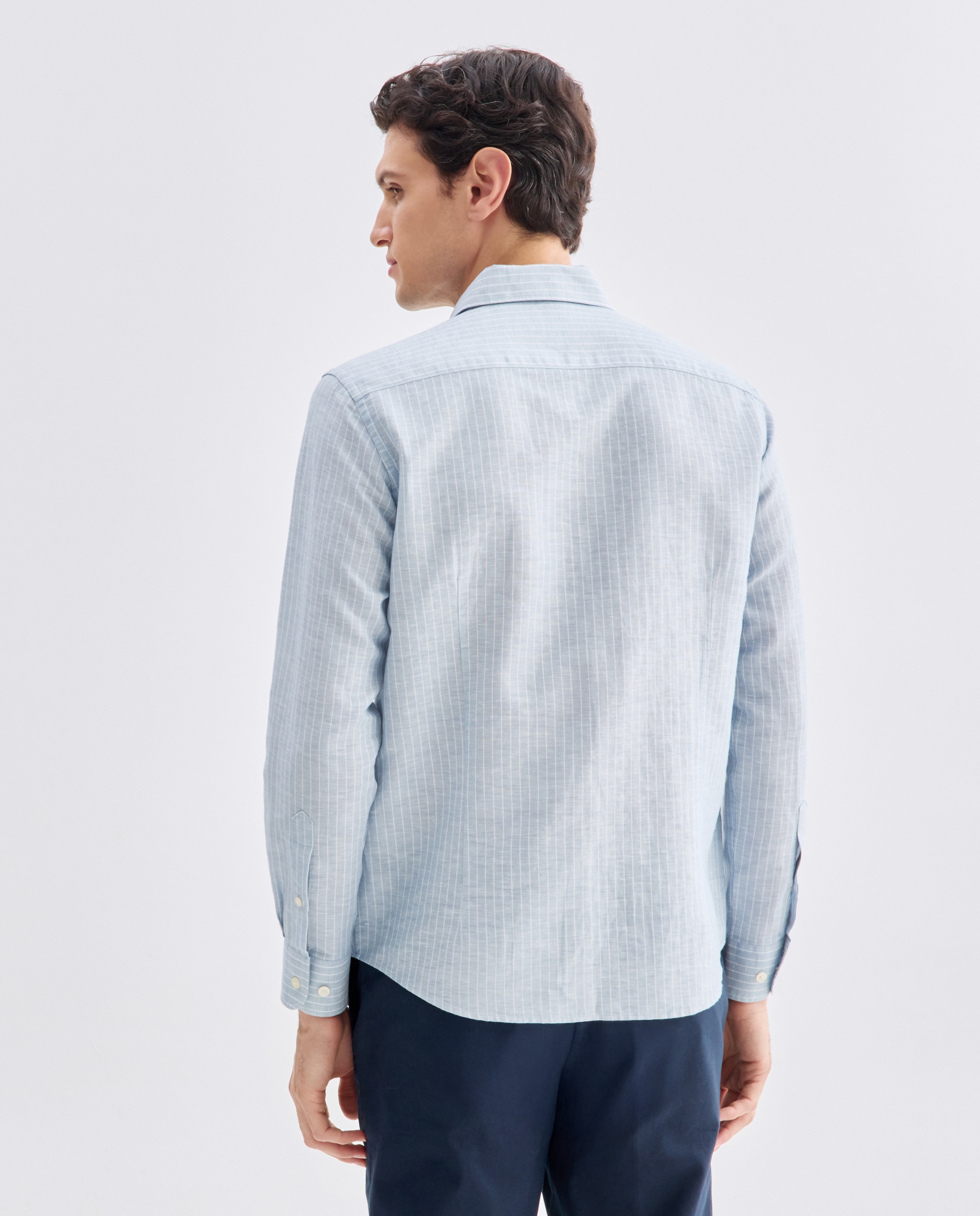 Camisa sport hombre lino y algodón rayas slim fit Azul oscuro-3