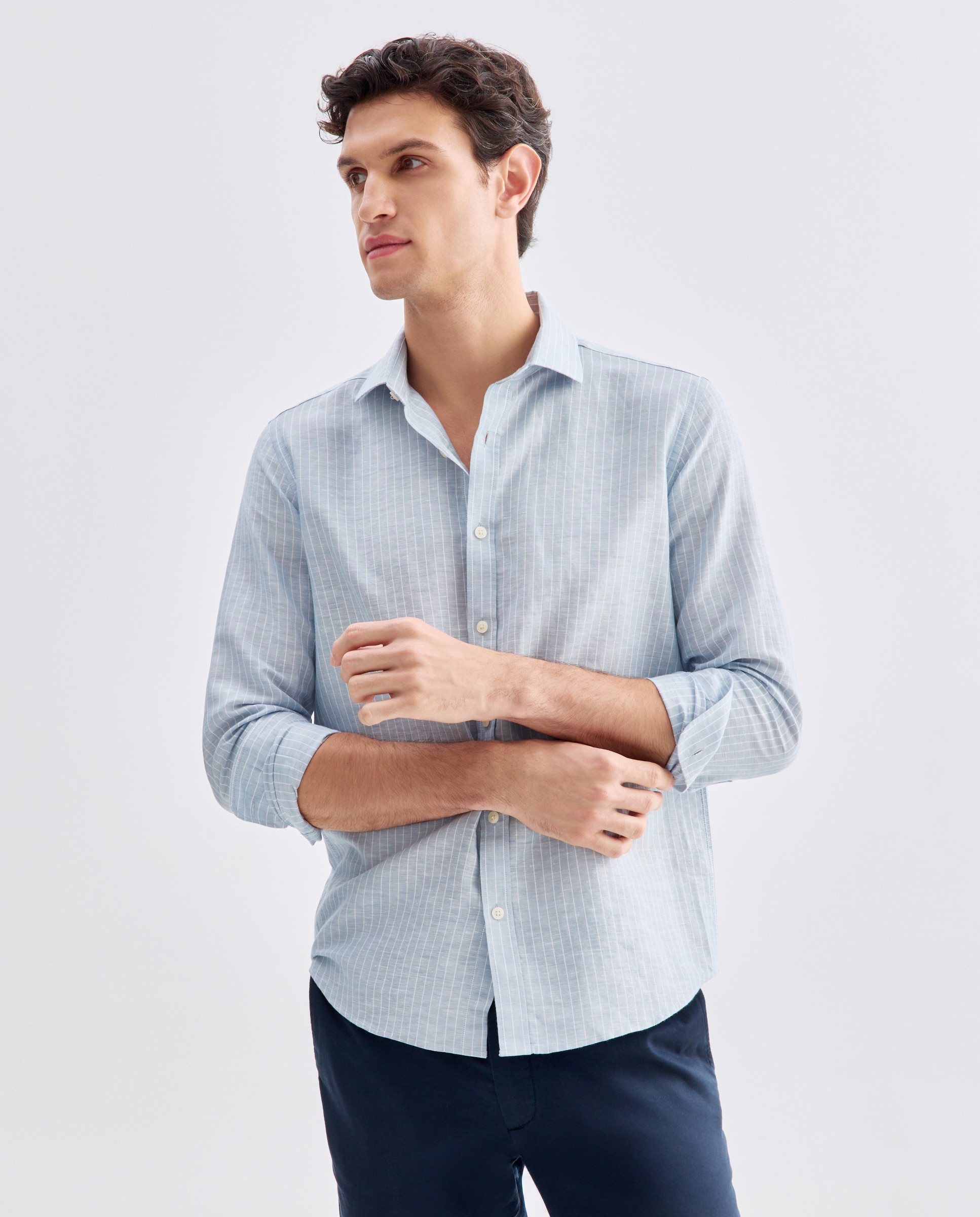 Imagen 0 de Camisa sport hombre lino y algodón rayas slim fit