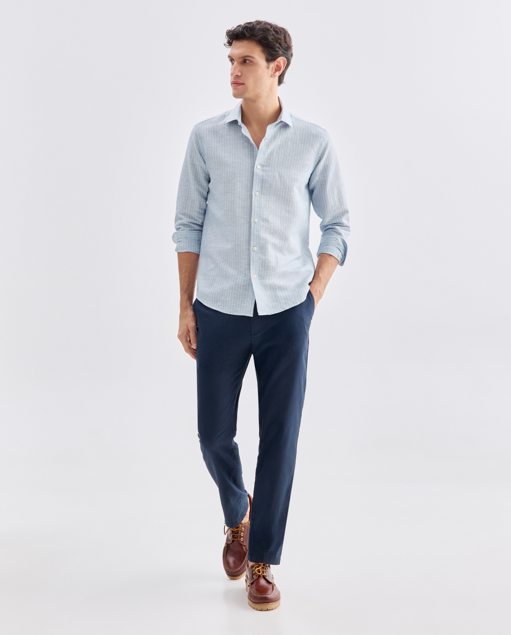 Camisa sport hombre lino y algodón rayas slim fit Azul oscuro-2
