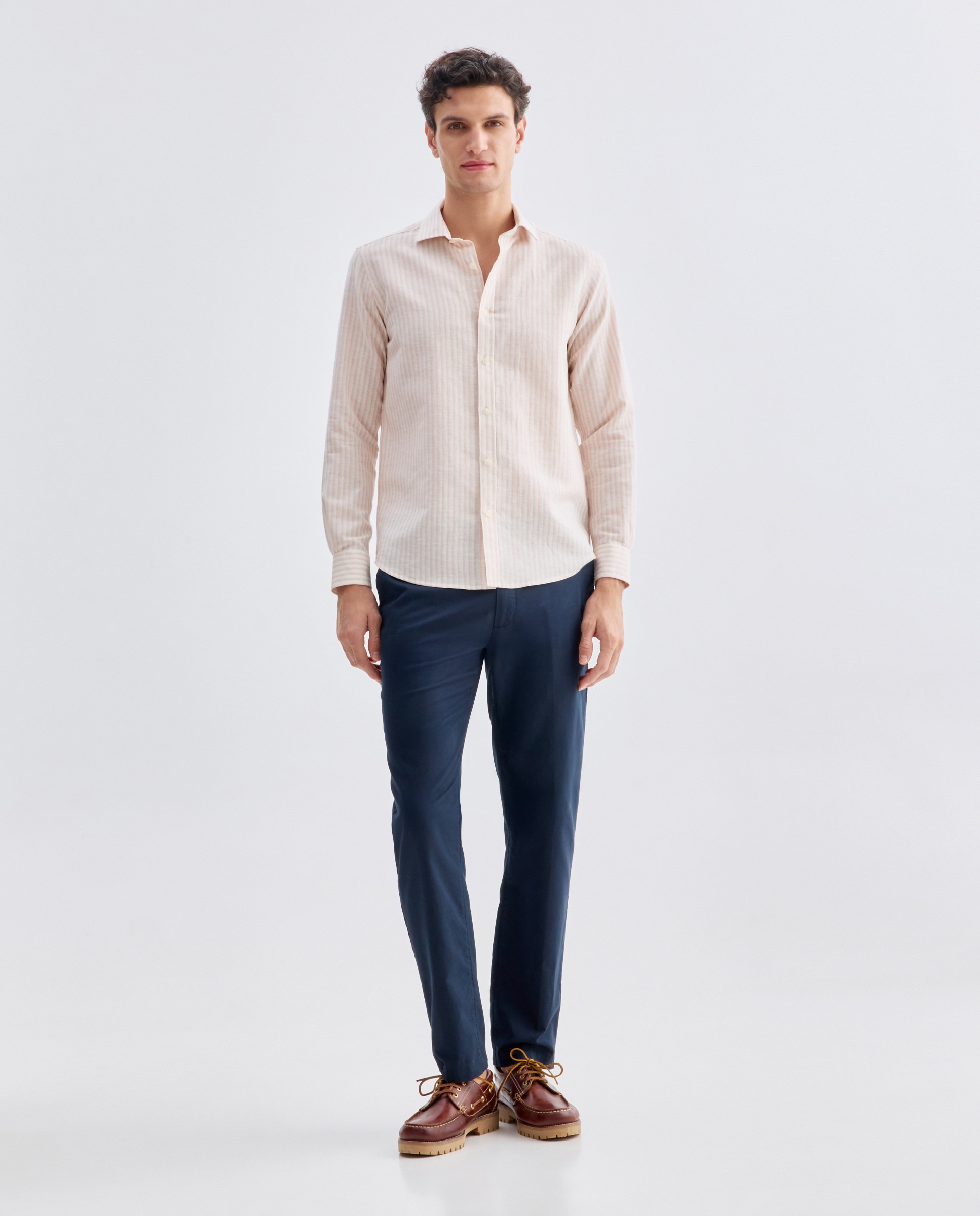 Camisa sport hombre lino y algodón rayas slim fit 220 Rosa palo-2