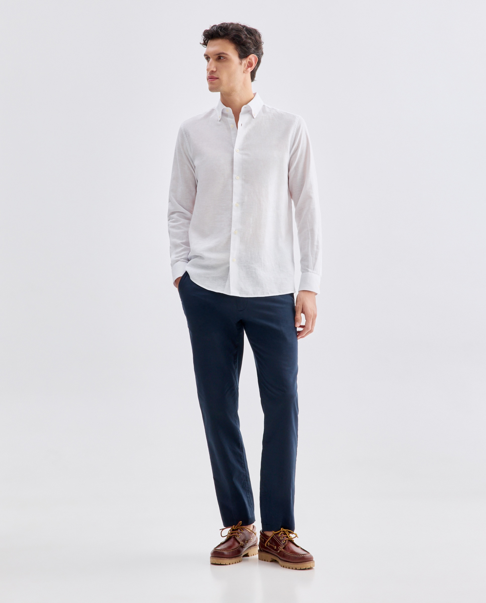 Camisa sport hombre lino y algodon lisa Blanco-2