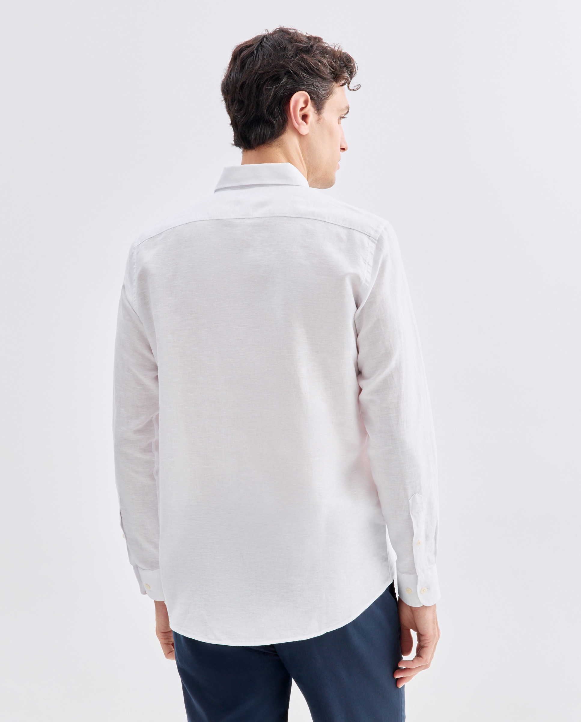 Camisa sport hombre lino y algodon lisa Blanco-3