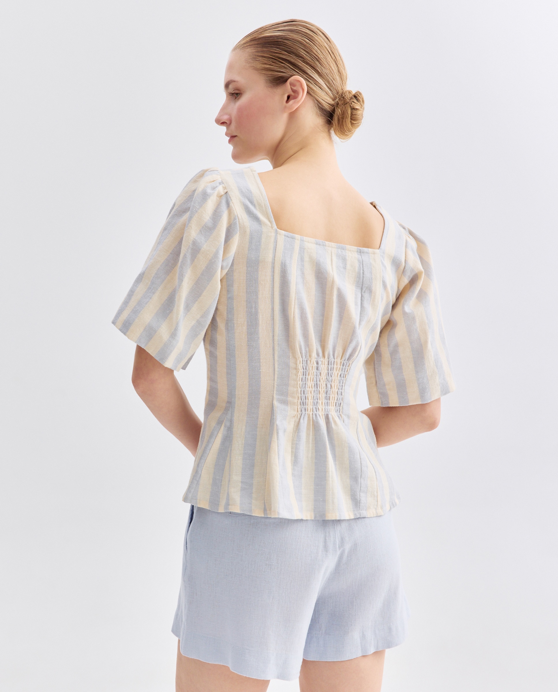 Blusa de mujer con escote cuadrado de rayas Azul-3