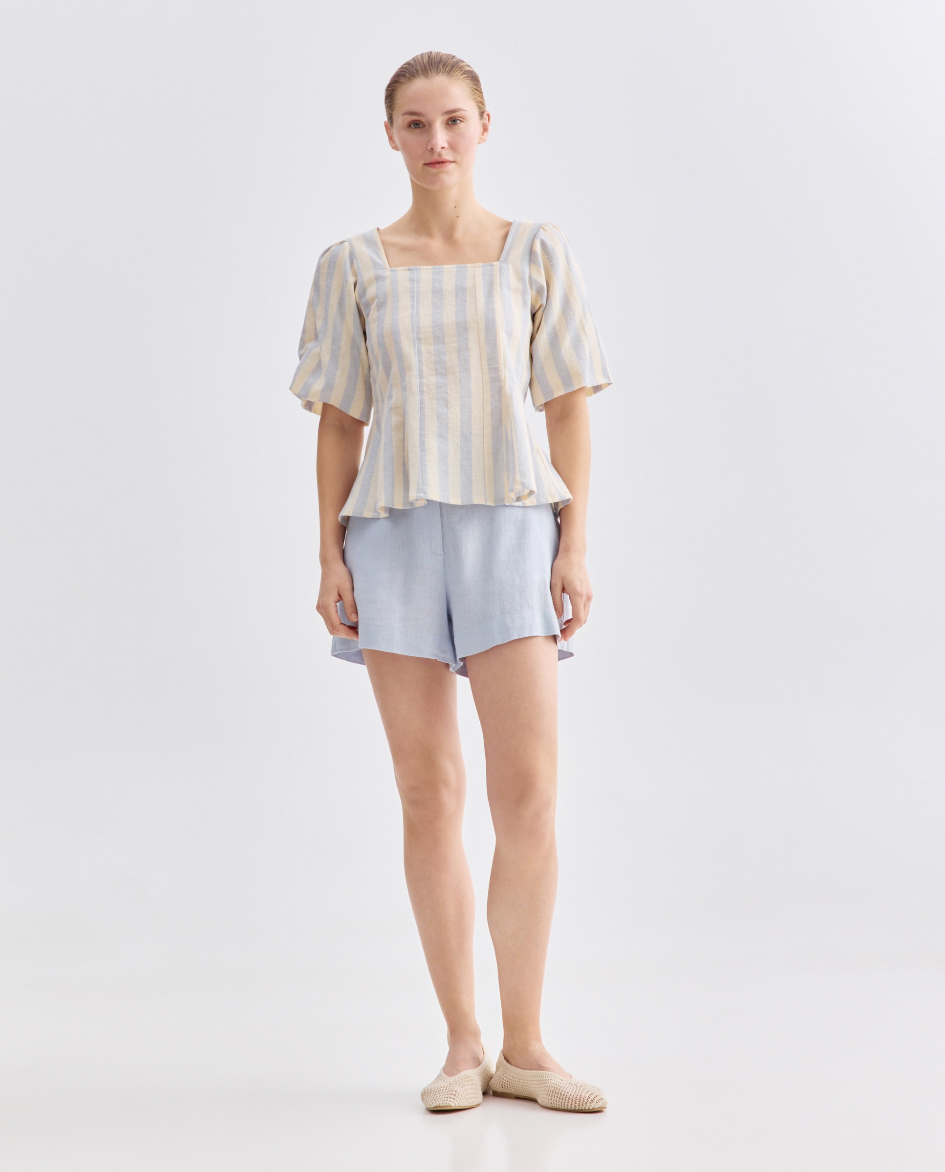 Blusa de mujer con escote cuadrado de rayas Azul-2