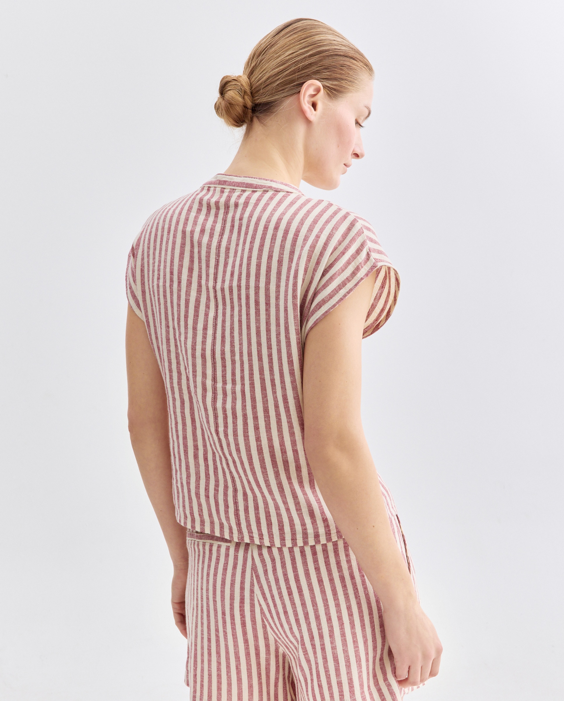 Chaleco de mujer de rayas con lino total look Rojo-3