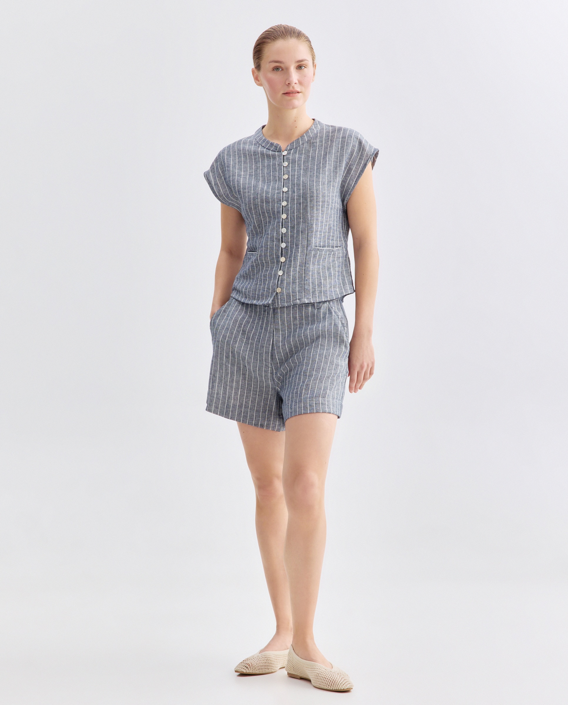 Chaleco de mujer de rayas con lino total look Azul-2