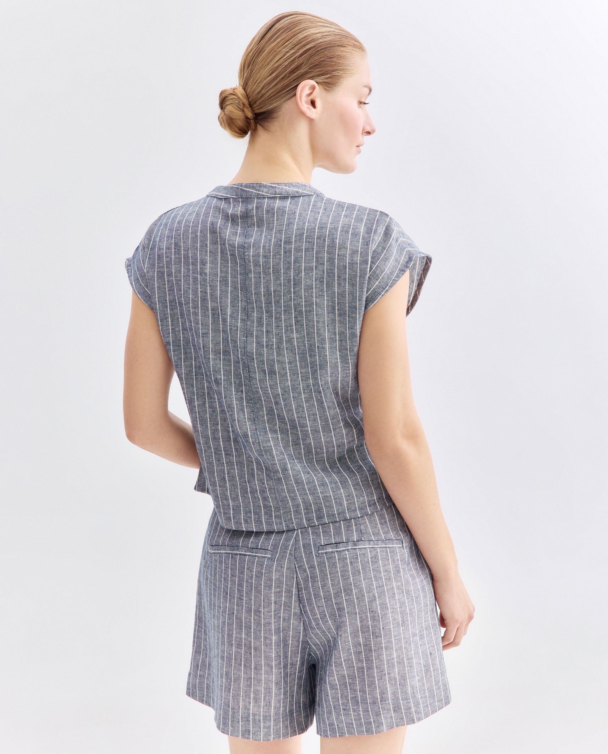 Chaleco de mujer de rayas con lino total look Azul-3