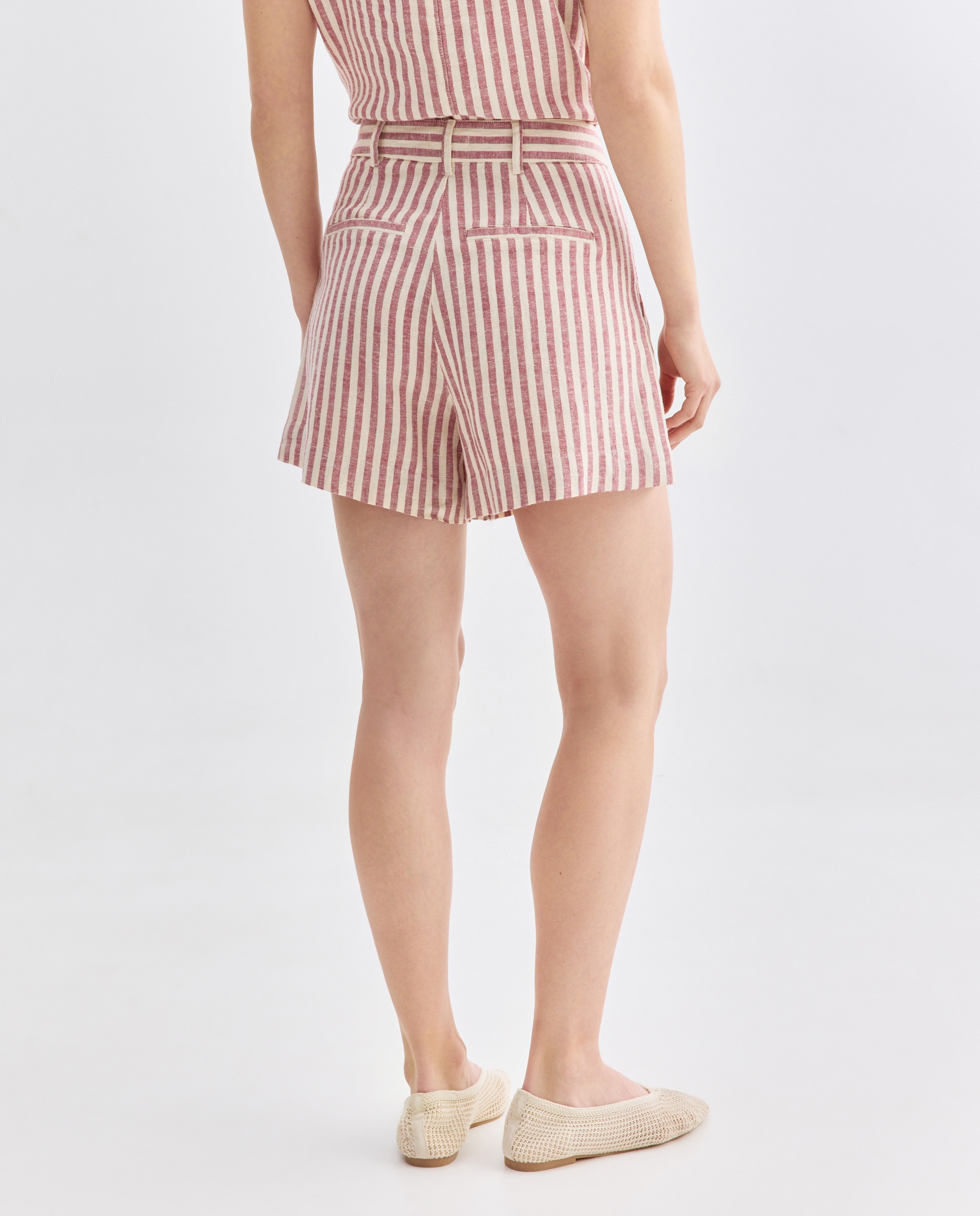 Pantalón de mujer corto con lino de rayas total look Rojo-3