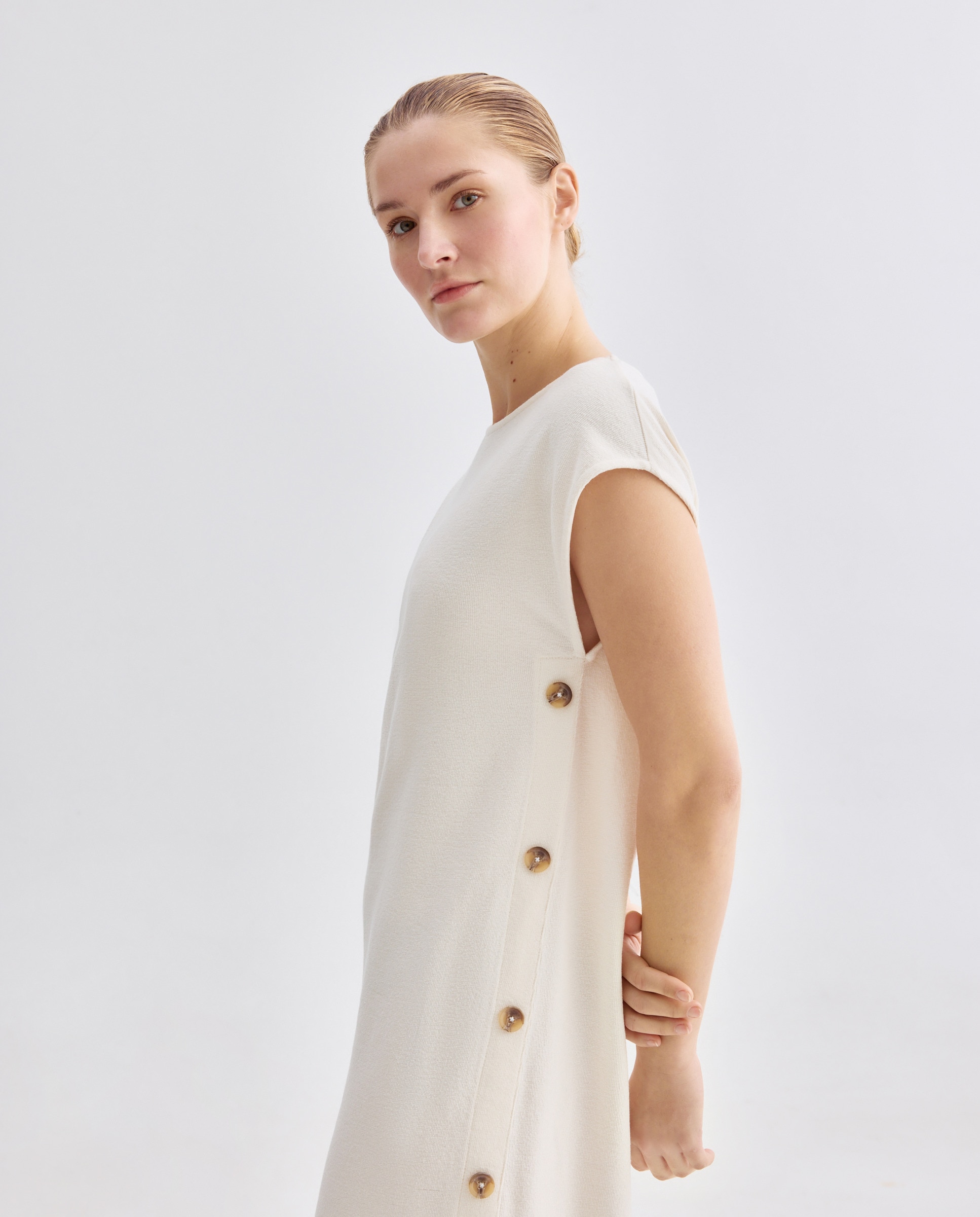 Vestido de mujer de algodón con botones laterales Blanco-2