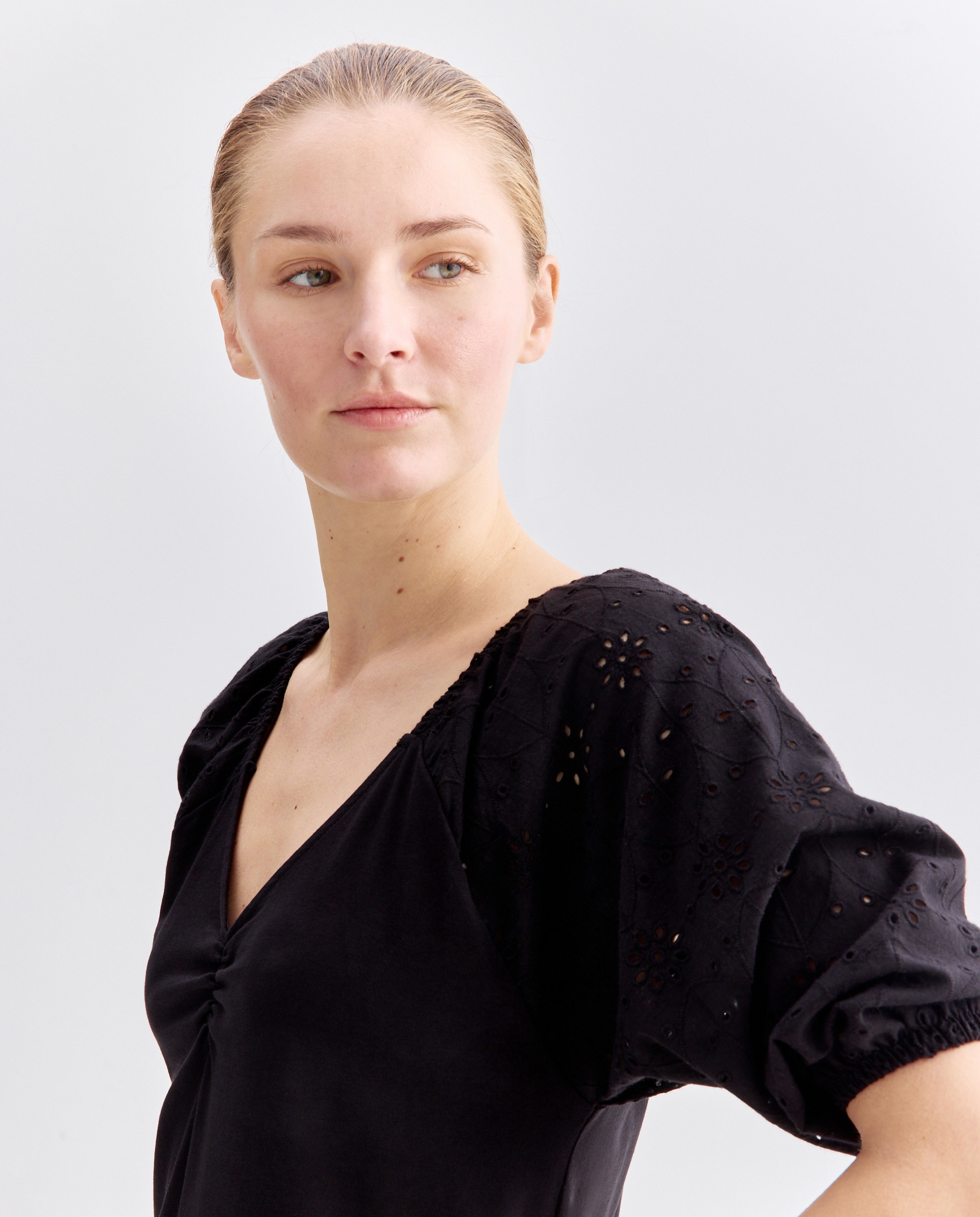 Vestido de mujer de algodón con mangas schiffly Negro-2