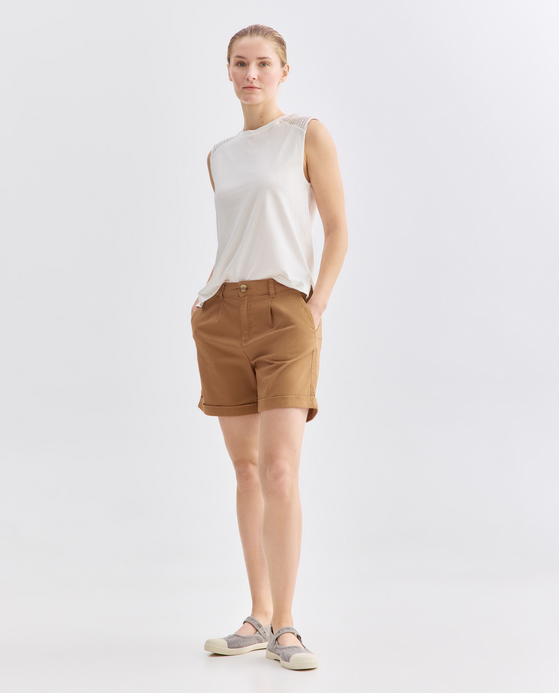 Camiseta de mujer con hombrera fruncida Blanco roto-2