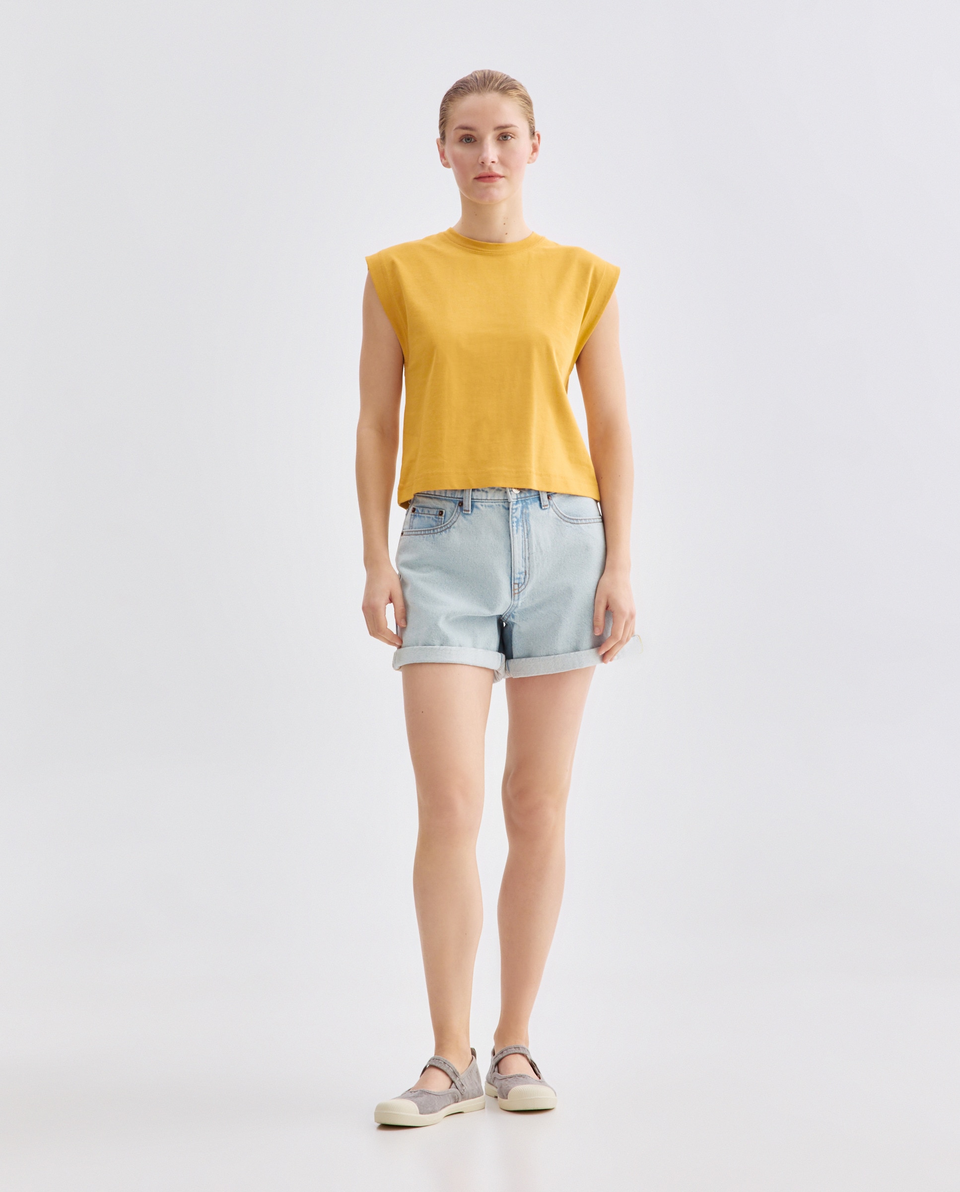 Camiseta sin mangas de mujer con solapa en hombro Amarillo-2