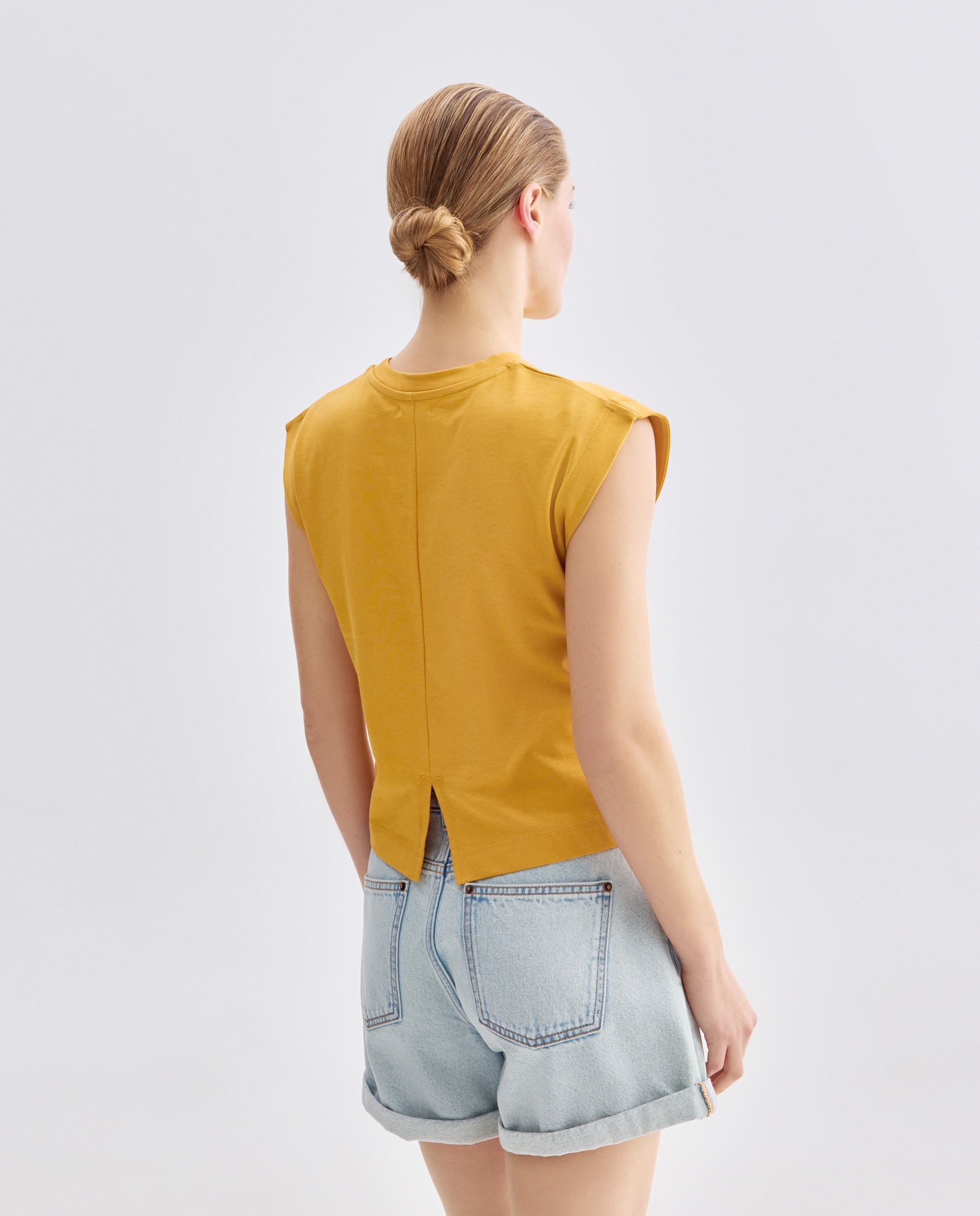 Camiseta sin mangas de mujer con solapa en hombro Amarillo-3