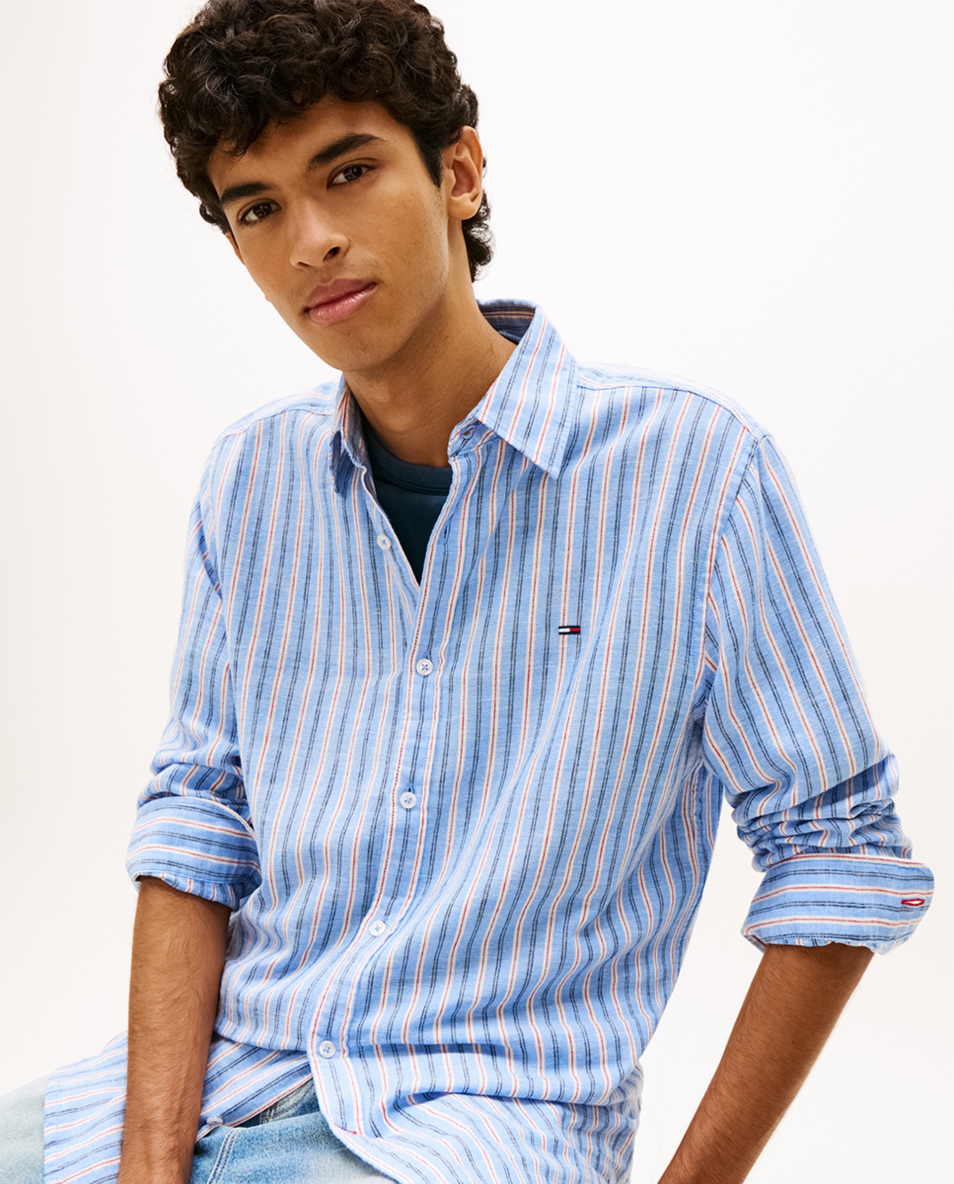 Camisa de Linho Regular Fit às Riscas Azul-3