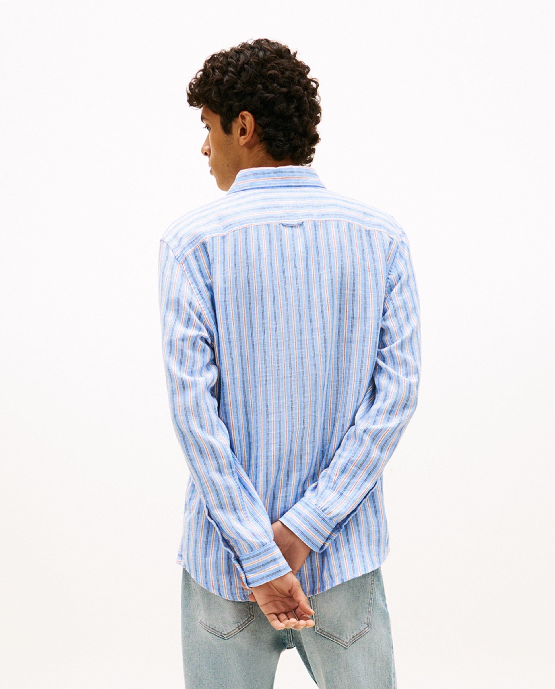 Camisa de Linho Regular Fit às Riscas Azul-2
