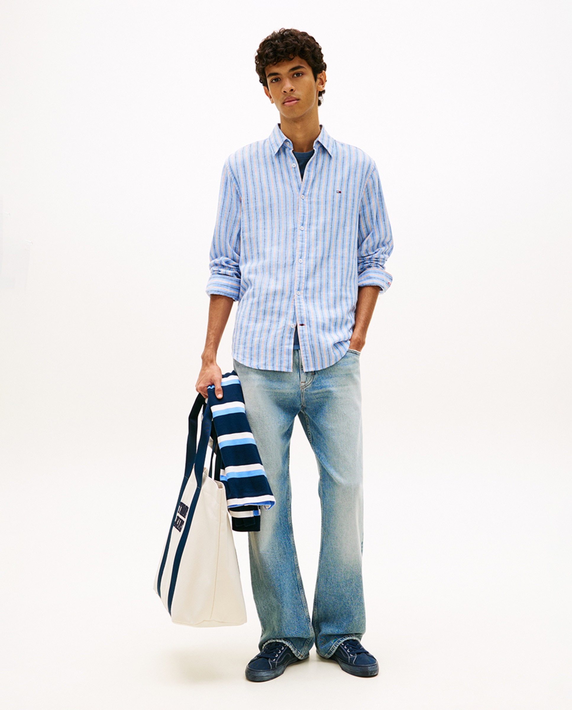 Camisa de Linho Regular Fit às Riscas Azul-5