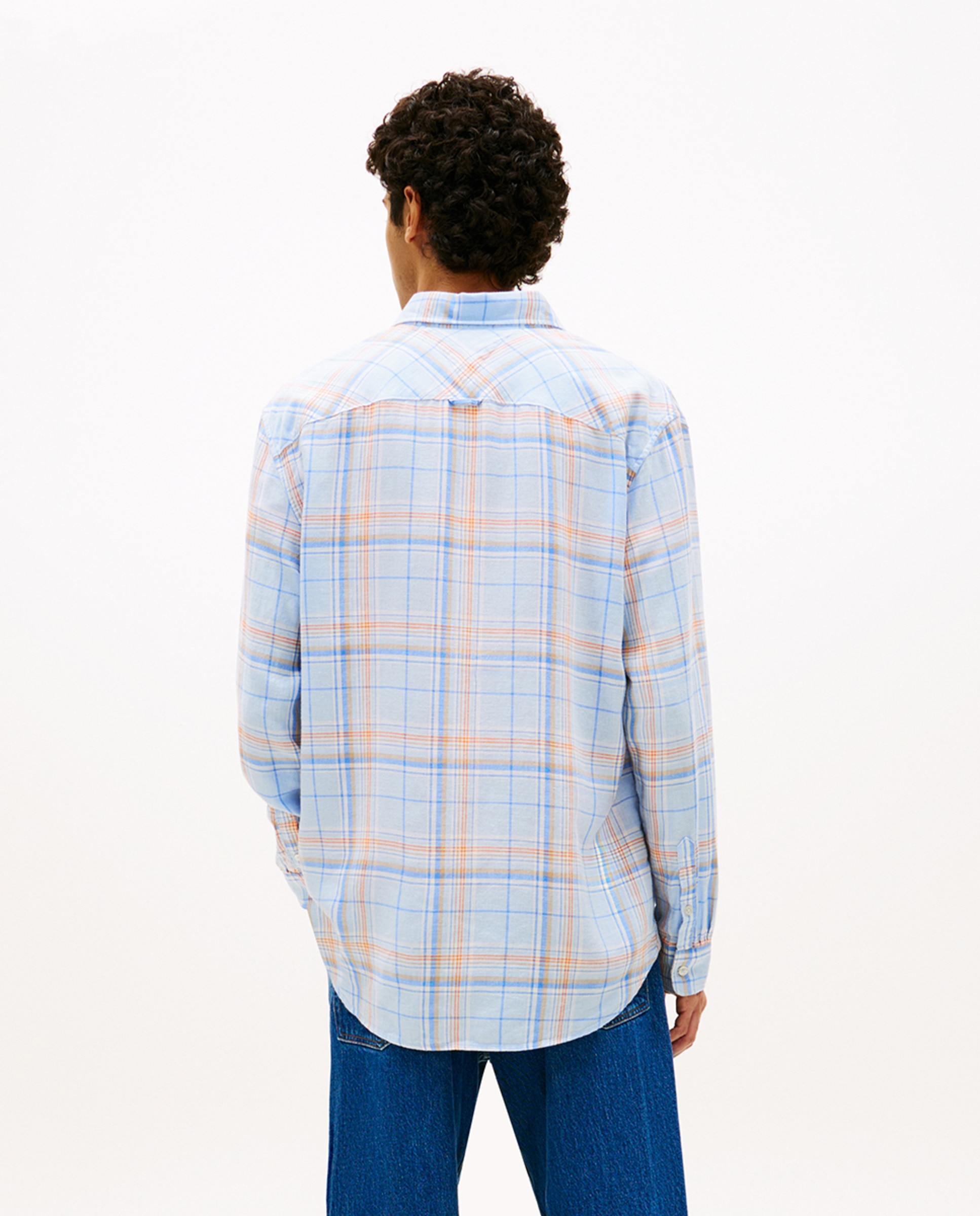 Camisa de Linho Relaxed Fit aos Quadrados Azul-claro-2