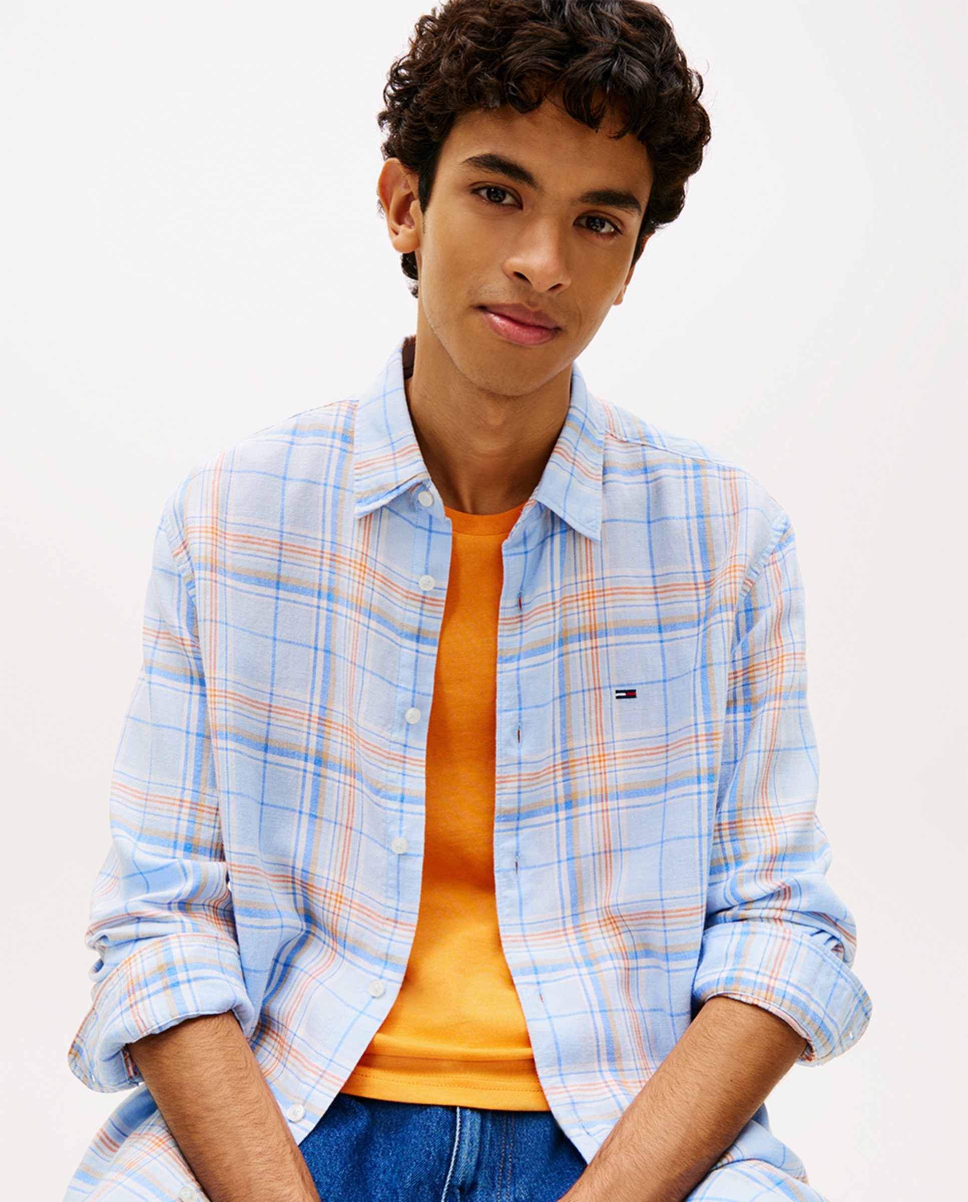 Camisa de Linho Relaxed Fit aos Quadrados Azul-claro-3