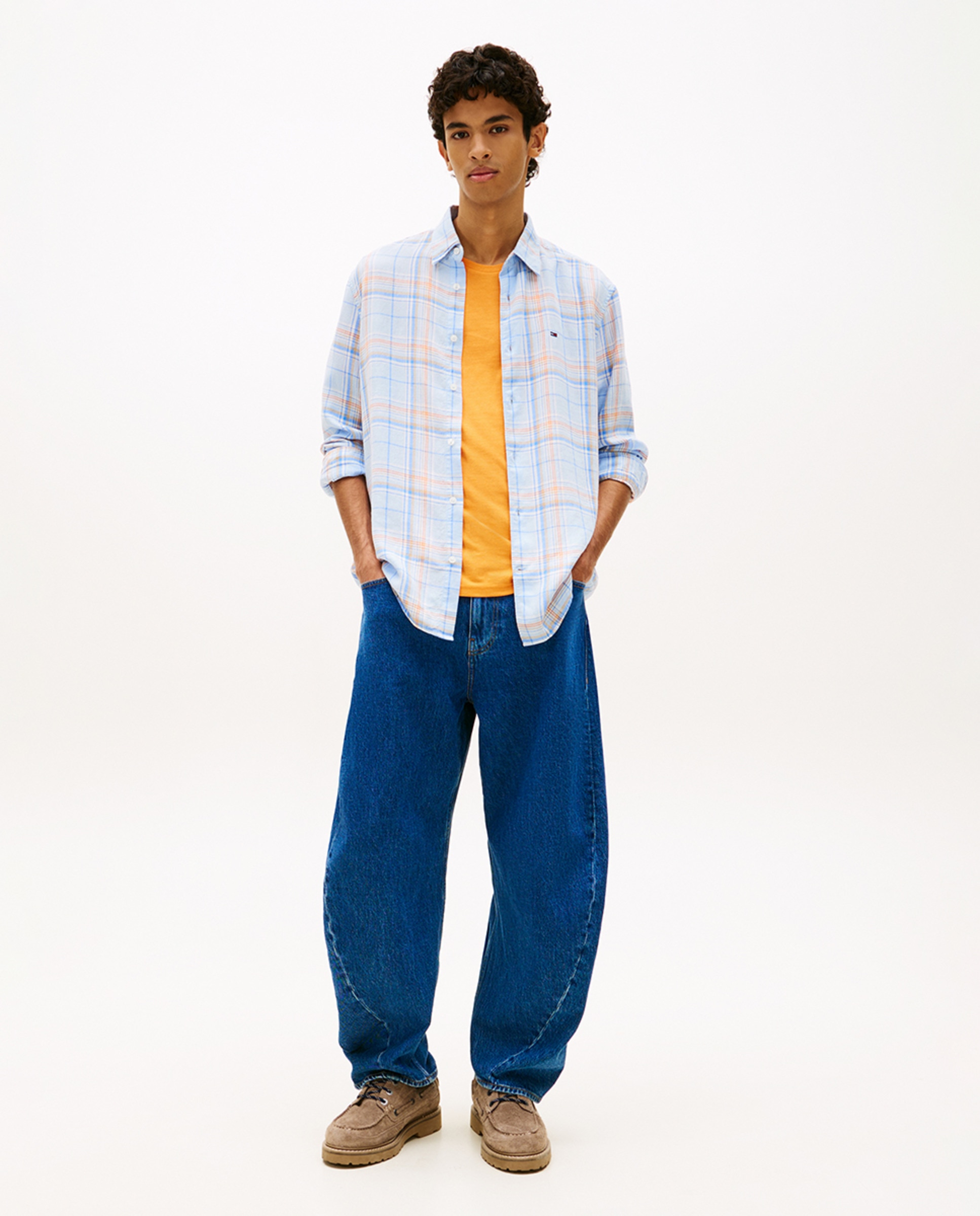 Camisa de Linho Relaxed Fit aos Quadrados Azul-claro-5