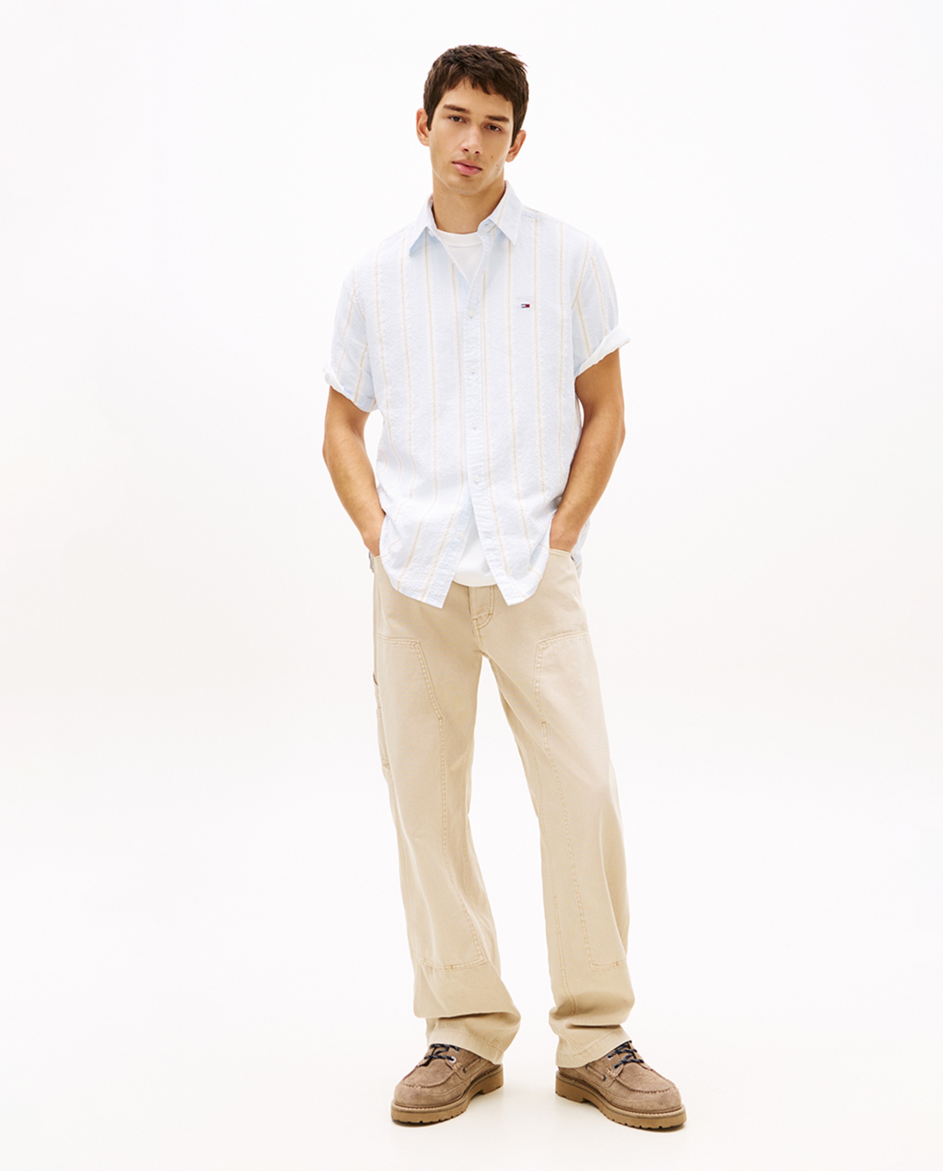 Camisa de Seersucker Regular Fit às Riscas com Manga Curta Azul-claro-5