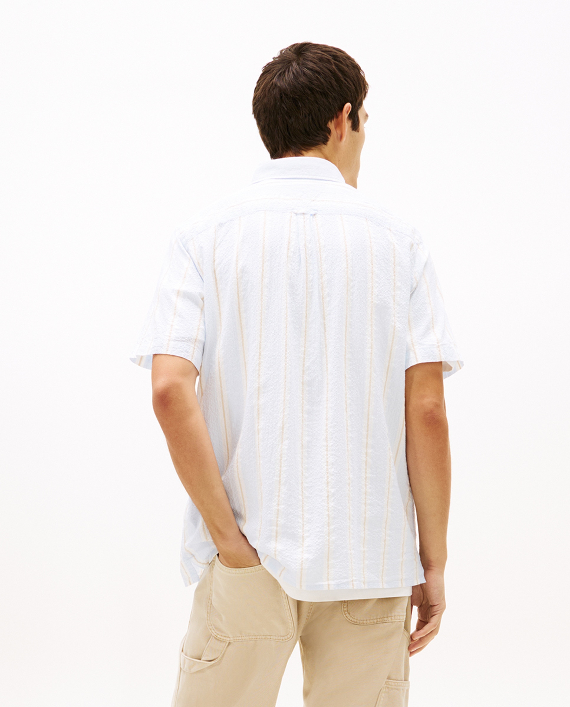 Camisa de Seersucker Regular Fit às Riscas com Manga Curta Azul-claro-2