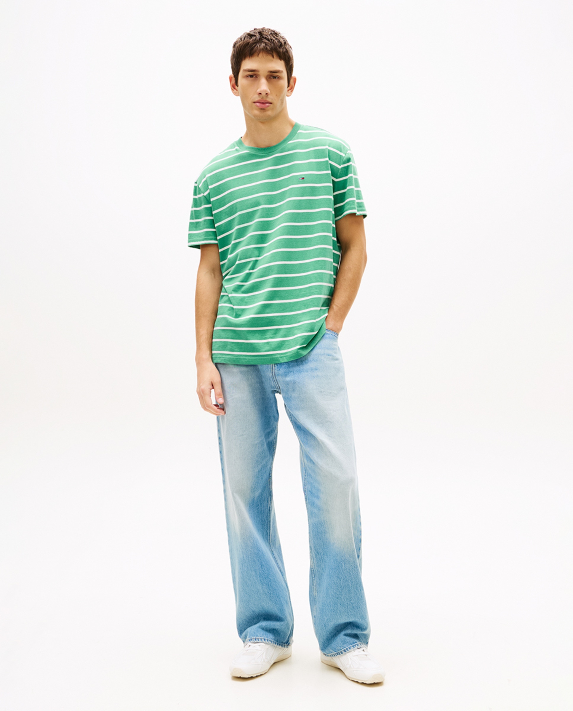T-shirt Regular Fit às Riscas com Manga Curta Verde Água-5