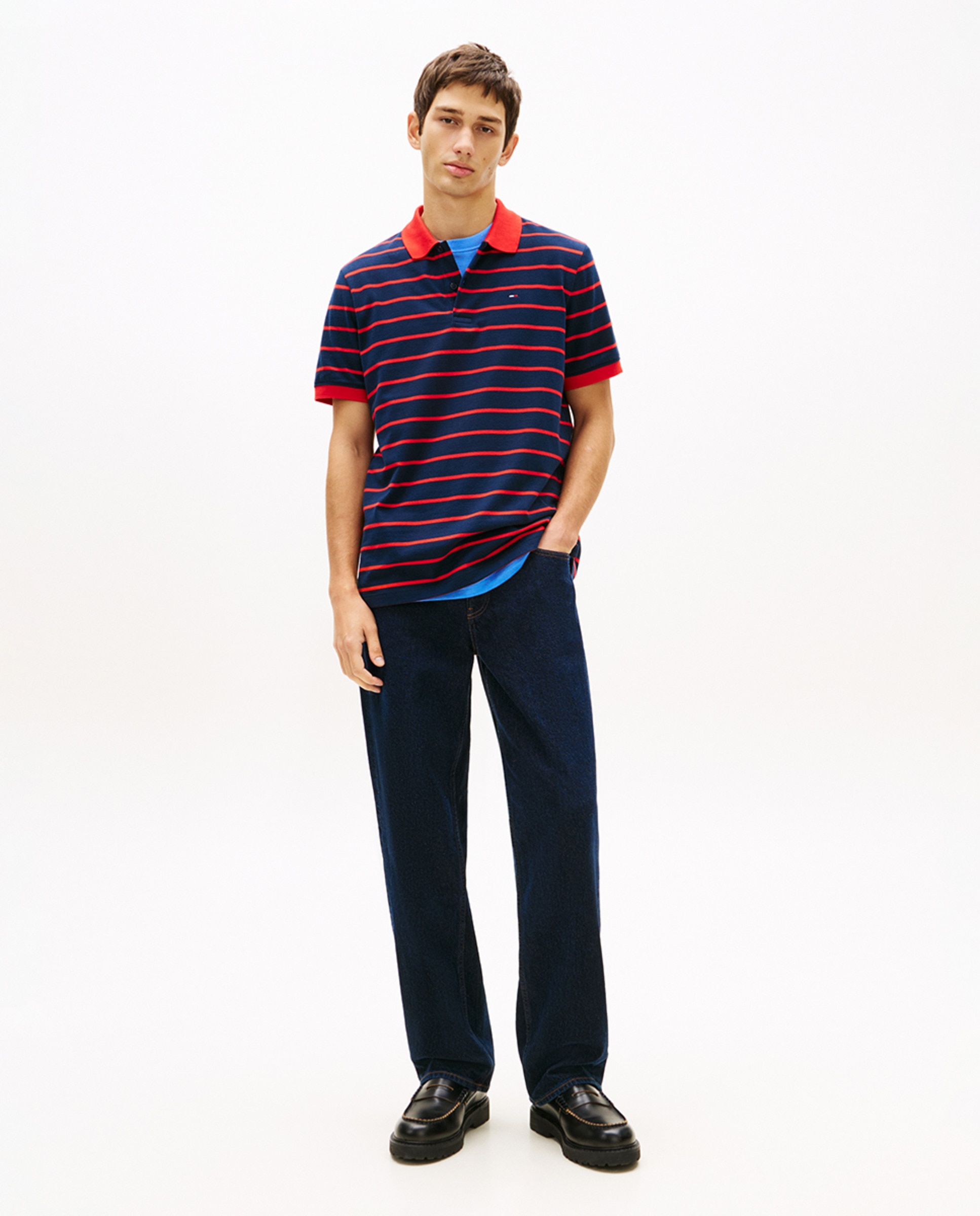 Polo Regular Fit às Riscas com Manga Curta Azul-marinho-5