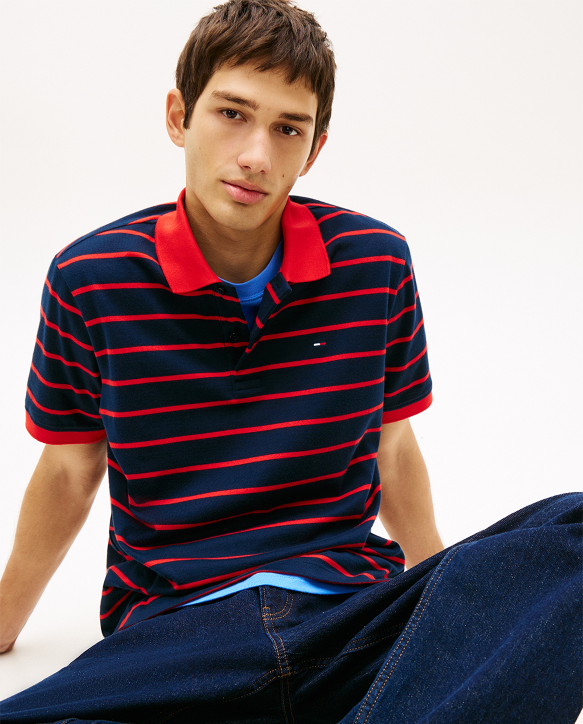 Polo Regular Fit às Riscas com Manga Curta Azul-marinho-3