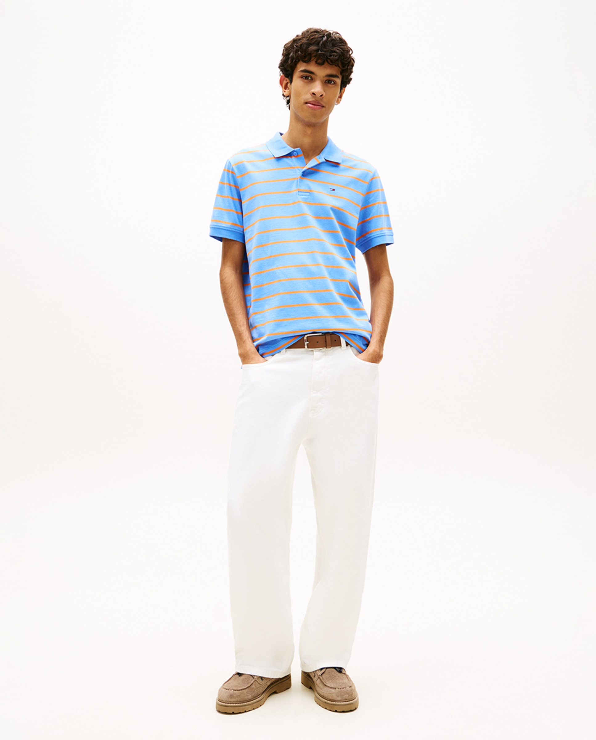 Polo Regular Fit às Riscas com Manga Curta Azul-5